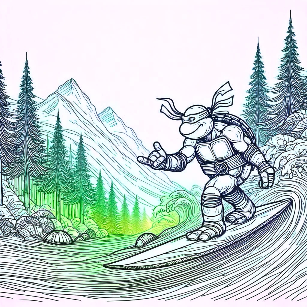 unnatural forest, unsettling, spooky, darkness, no light source, abyss, void, overwhelming, survival, apocalyptic, serene, forest, tmnt surfing, dim neon glow, abstract, apparition, haunted, spirits,