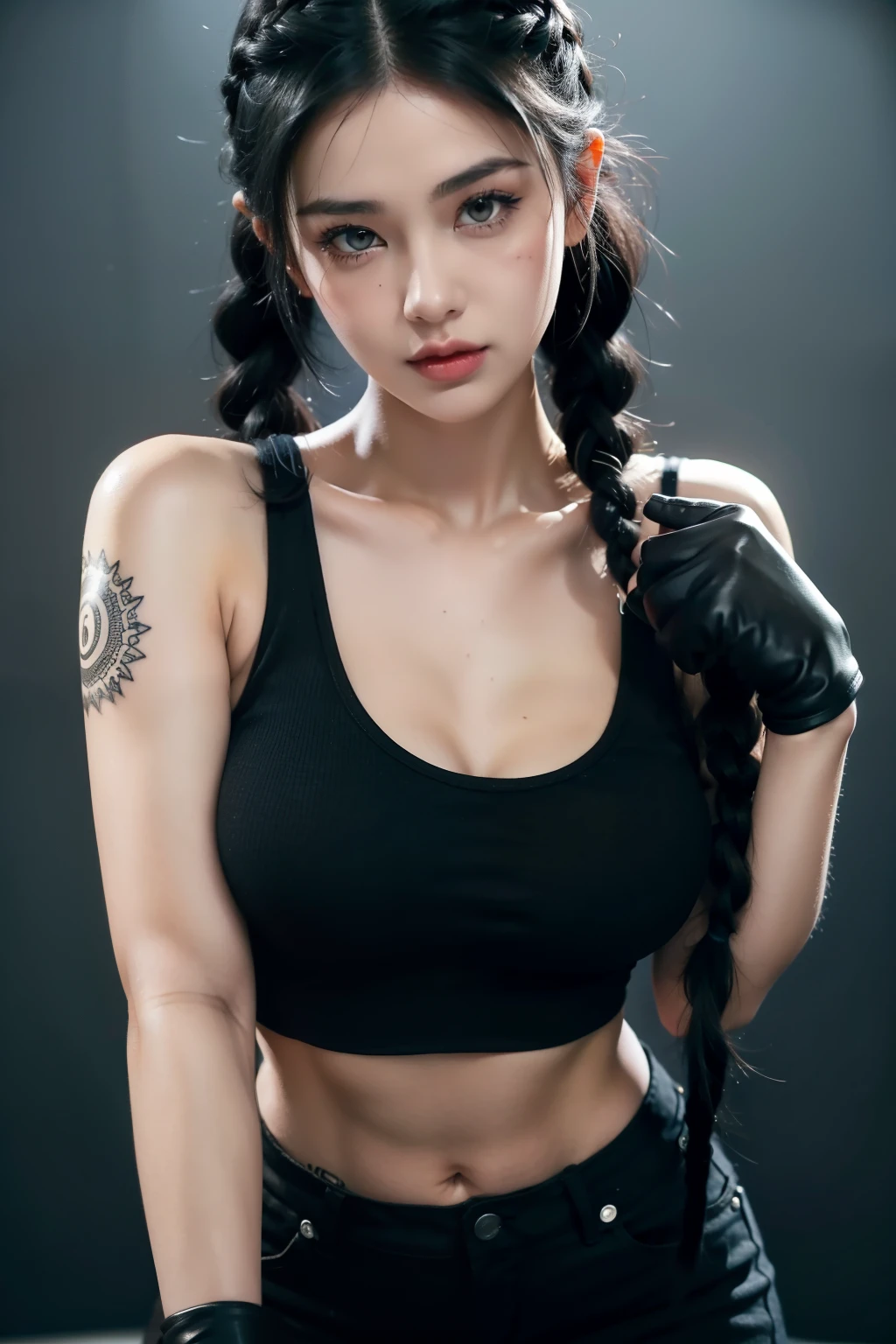 Cute girl, short black hair, two long braids, yellow eyes, lip piercing (Lip Piercing)Black tank top, big breasts, bare shoulders, tattoos, long black gloves, tight black pants, big beautiful lips, rosy cheeks.