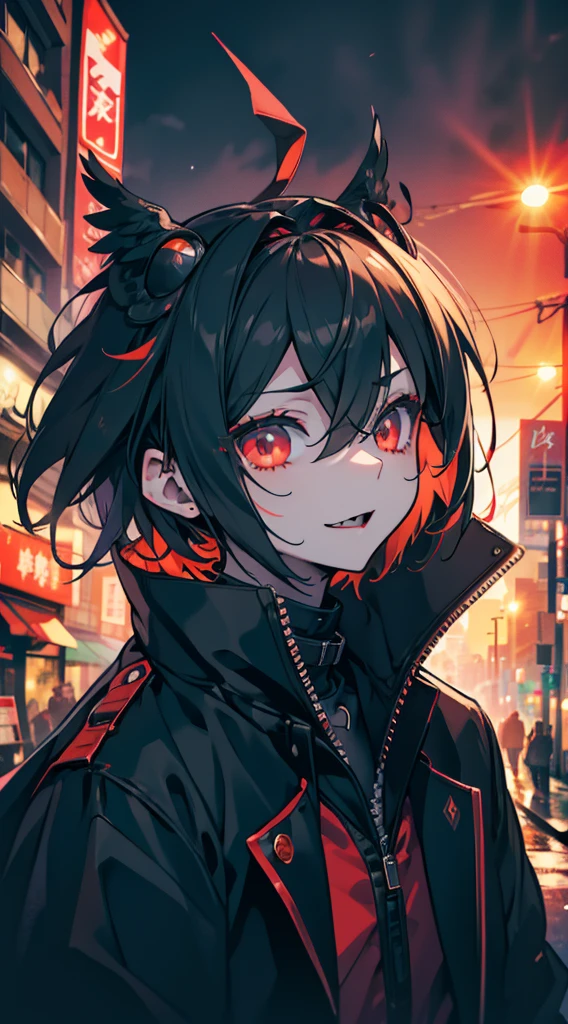 crow mask，crow mask，crow mask，shota，boy，可爱boy，狂笑boy，Cover your face and laugh wildly，Red pupil，血Red pupil，Trench coat，Coat，Black wings，Black short hair，黑色Trench coat，City background，Street background，Dusk background，Dusk background，Sunset background，Sunset background，City background，Street background，Black wings，Black Wings