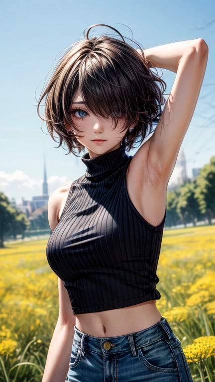 ((masterpiece)), (Top quality portraits), 1 Female, With dandelions, (Hair on one eye), Brown Pixie Haircut, Wearing a black turtleneck sleeveless T-shirt, Denim pants, In the dandelion field, Beautiful eyes in every detail, Gorgeous face with attention to detail, Perfect body, Dynamic pose, Perfect Shading, Intricate details, Pixiv, Krentz Kuschaert, (Hair on one eye), Brown Pixie Haircut,
