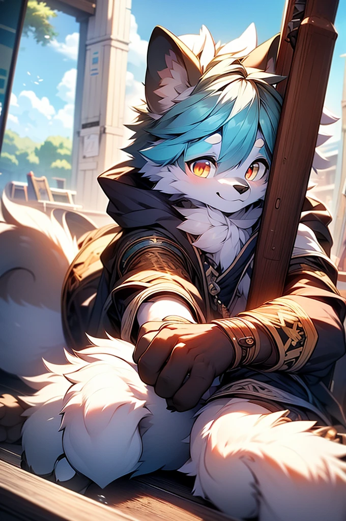 8k, Super Detail, precise, best quality,sit on the floor,Smiling,Carrying a sword on his back,Facing the audience,fur,body fur,Solitary,Canines,Cyan hair,White Paws,Pink foot pads,Orange Eyes,There are patterns on the forehead,There are cloud-like patterns on the arms, Realistic格, ,Handsome,Rich plush texture, Animal anthropomorphism,Reflexive legs,Realistic,hairy,Realistic,Delicate hair