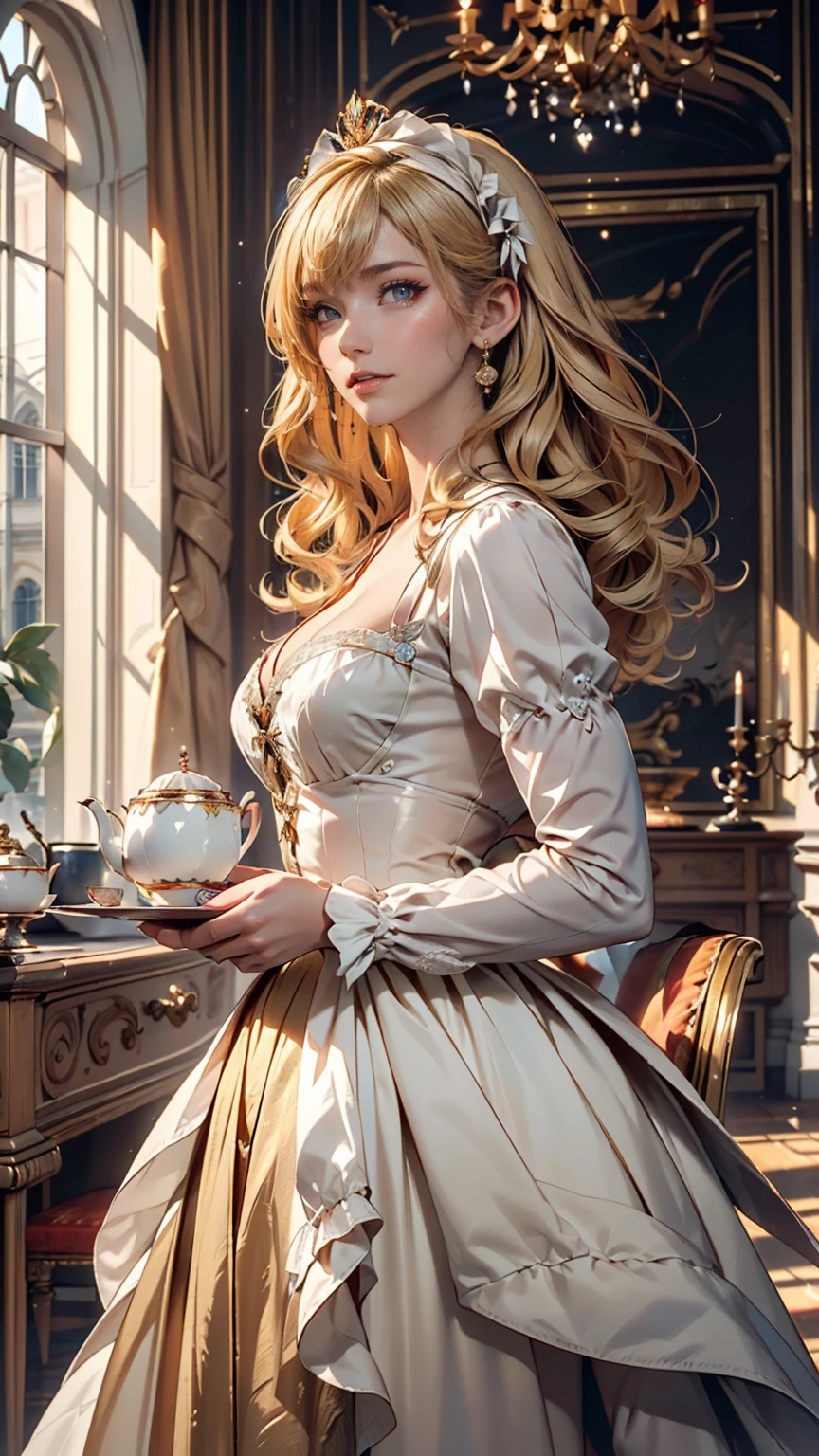 ((最high quality, 8k, masterpiece: 1.3, Ultra HD, high quality, 最high quality, High resolution, realism)) 、Marie Antoinette、Wearing Bourbon dress、blonde、Upstyle your hair、Inside the Palace of Versailles in France、Enjoy tea time in a luxurious room
