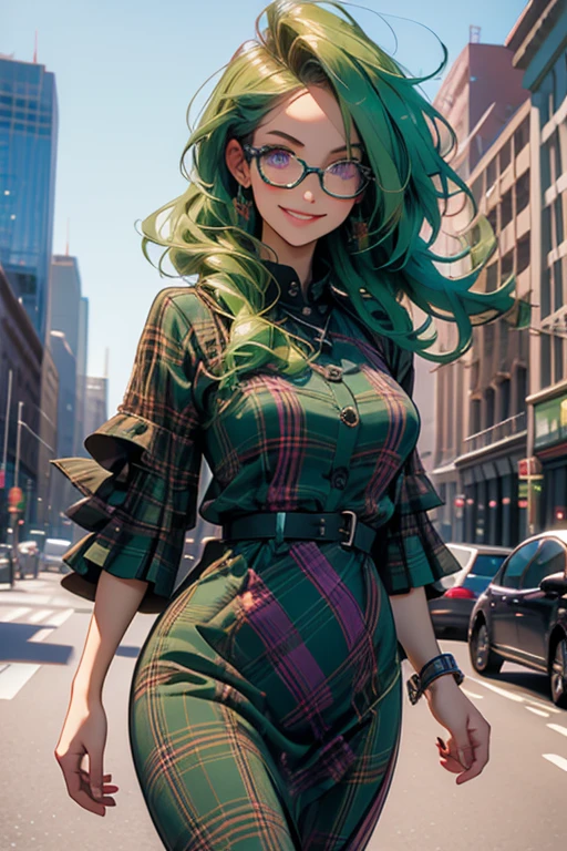 Perfect face. Perfect hands. A green haired woman with violet eyes and glasses with an hourglass figure in a plaid dress is walking through a busy street with a big smile