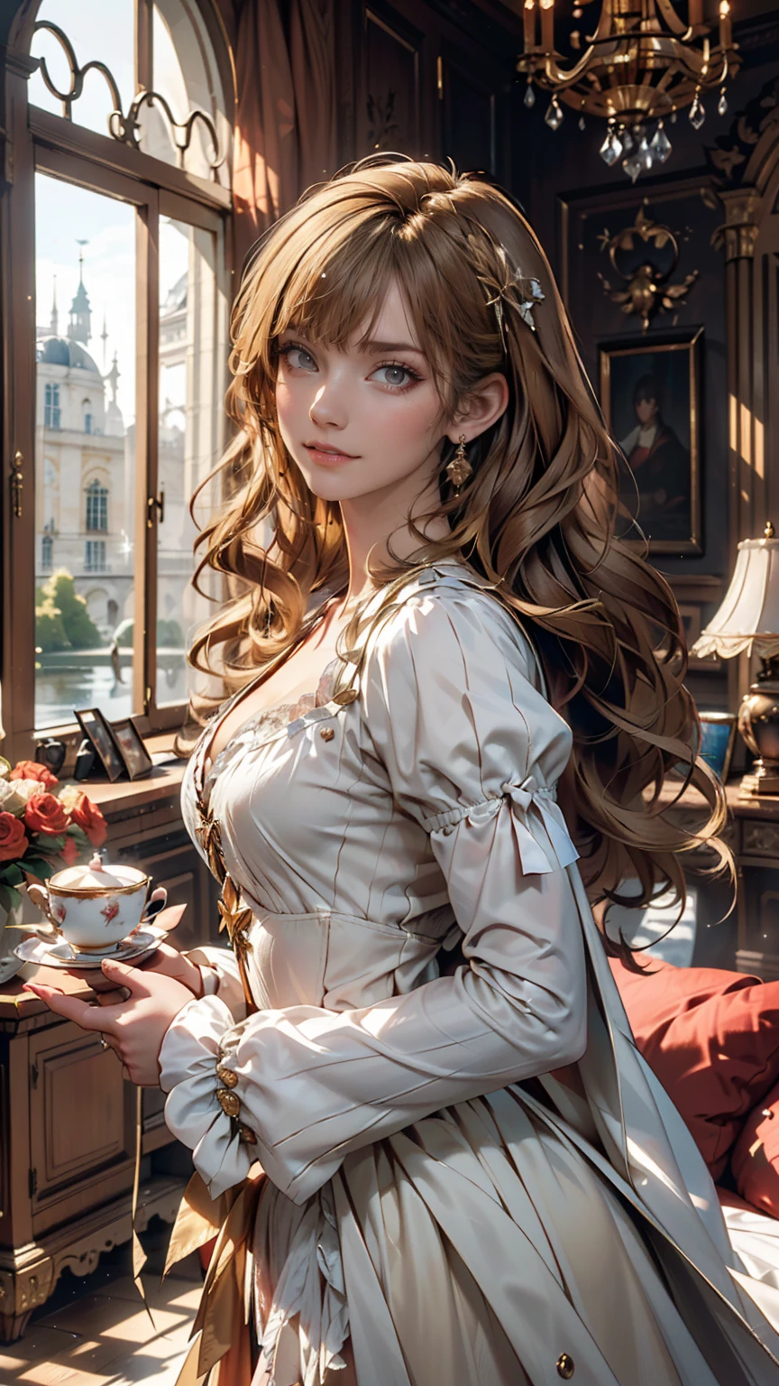 ((最high quality, 8k, masterpiece: 1.3, Ultra HD, high quality, 最high quality, High resolution, realism)) 、Marie Antoinette、Wearing Bourbon dress、blonde、Upstyle your hair、Inside the Palace of Versailles in France、Enjoy tea time in a luxurious room