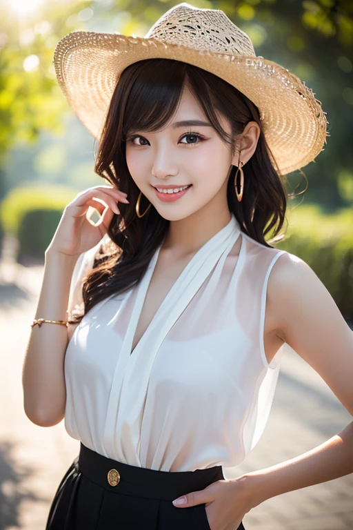 (A Beautiful youthful lady、 Korean woman、Fashion model、Black Hair、Wavy Hair、short hair、bob hair、ponytail hair、hair with side bangs、very detailed & beautiful facial features、beautiful detailed eyes、flawless skin、hands on hip、feminine gentle feel、
ear piercing、silk scarf around the neck、see-through silk blouse & dresedium breasts、 melon face 、kind smile、Beautiful teeth alignment、Intricate details、(Very detailed:1.2)、 Looking into the camera, lens flare、sun rays、bokeh background, the cowboy shot, SFW)