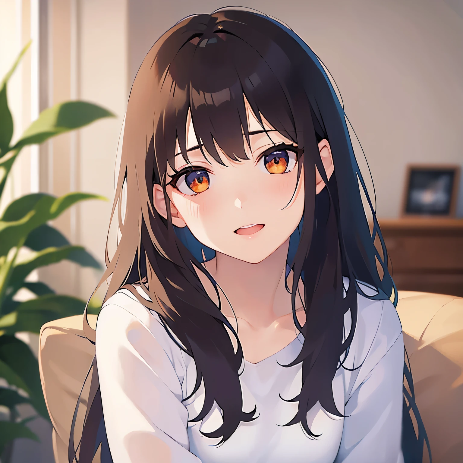 (looking at viewer:1.5),Upper Body,Hands are put to the ears、Realistic, real person, (pale skin: 1.2), RAW photo, photorealistic, shiny skin, shiny hair、 (A 25-year-old woman with medium-length hair and bangs) and (wavy hair) and (brown hair) and (orange eyes) ,blush,smile,open mouth,Sitting、White long sleeve shirt、The background is the living room at night