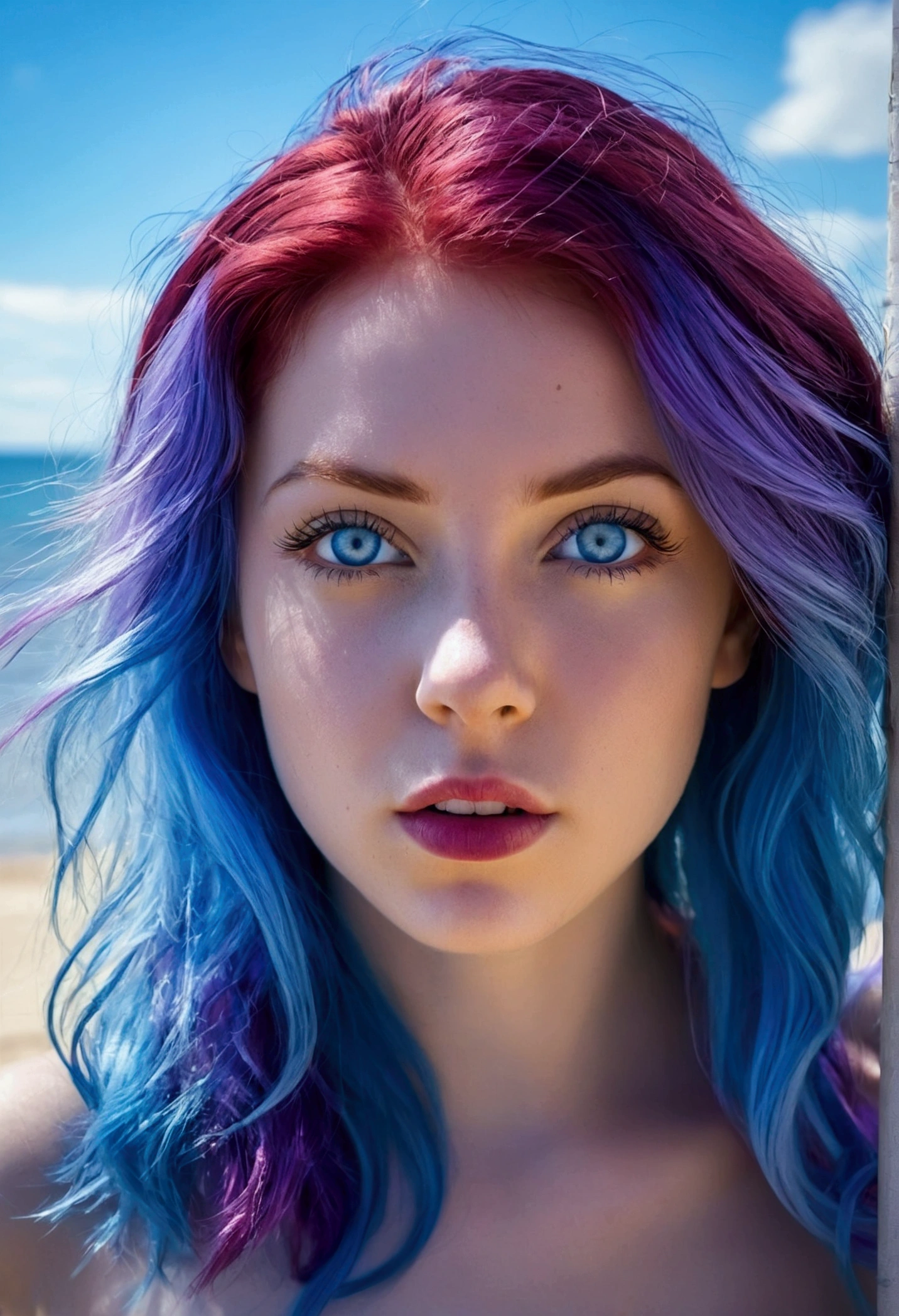 The most extensive sea, water the color of the blue sky, , and a beautiful young woman with purple hair, huge intense blue eyes, red mouth with beautiful blue eyes , sentada na areia , best quality image