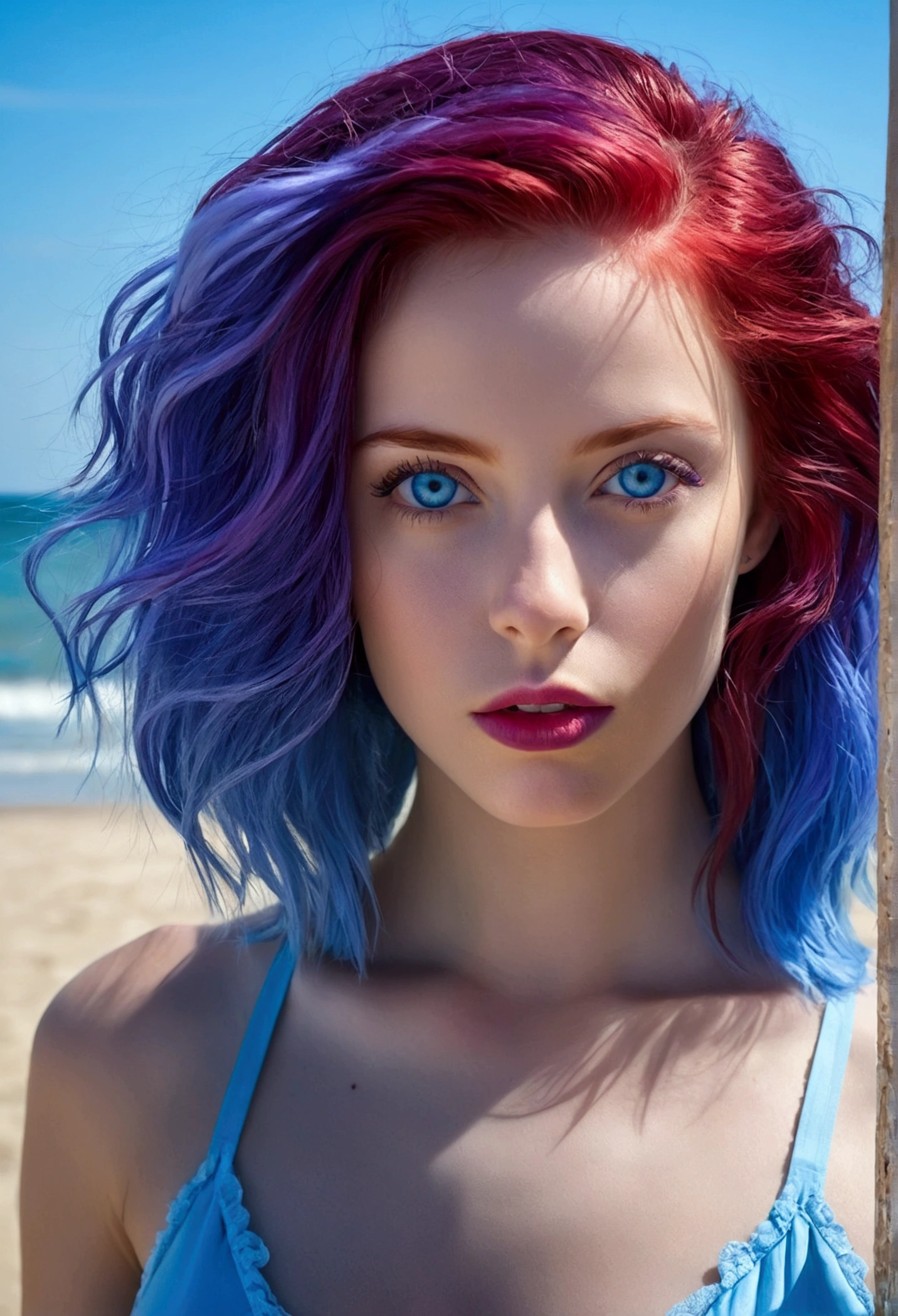 The most extensive sea, water the color of the blue sky, , and a beautiful young woman with purple hair, huge intense blue eyes, red mouth with beautiful blue eyes , sentada na areia , best quality image