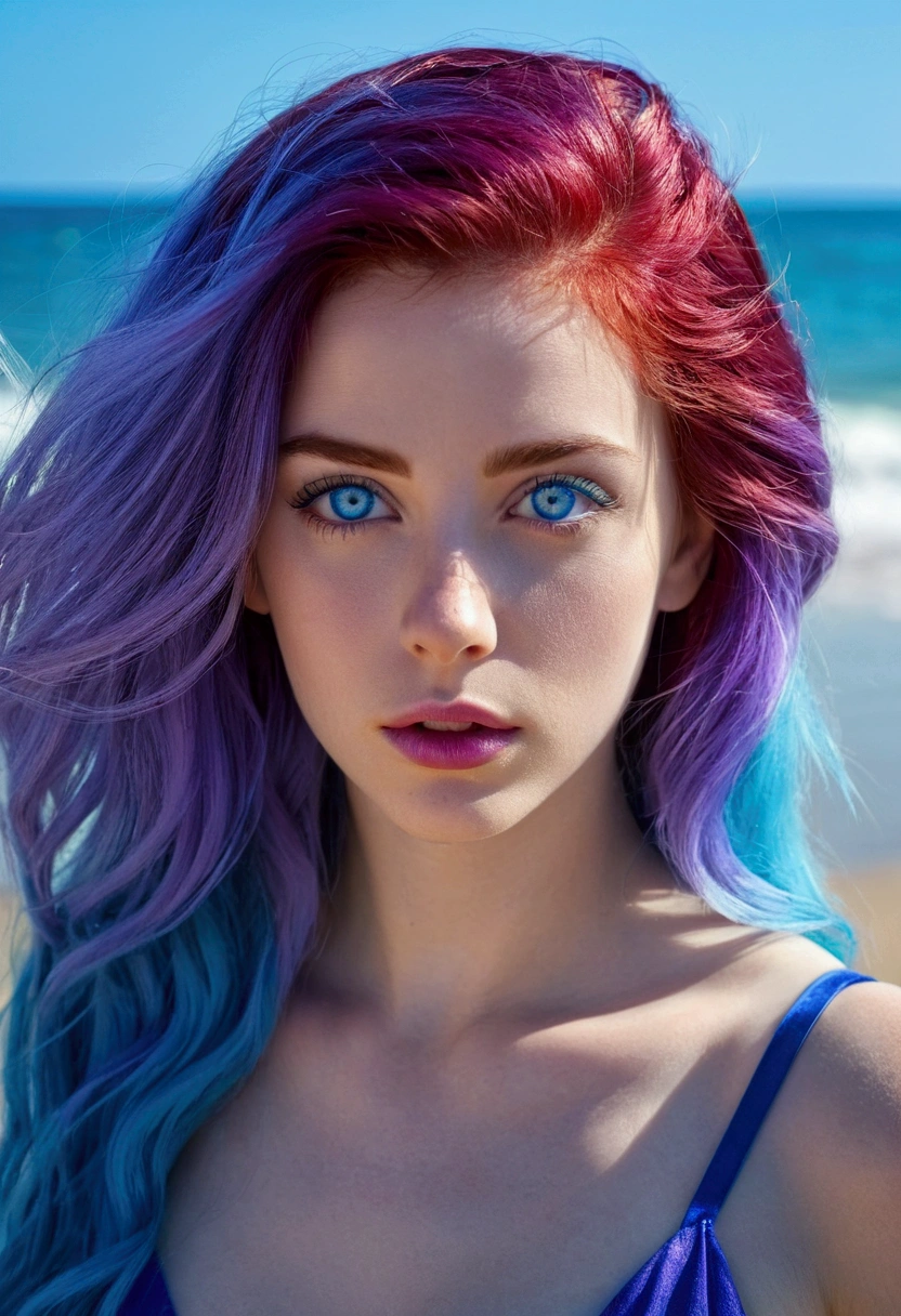 The most extensive sea, water the color of the blue sky, , and a beautiful young woman with purple hair, huge intense blue eyes, red mouth with beautiful blue eyes , sentada na areia , best quality image 