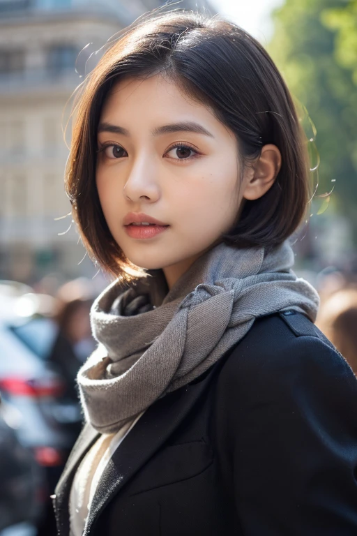 beautiful and attractive, 23-year-old Thai girl, 162-centimeter height, natural-ivory skin tone, (rounded-face), little-eyes, black eyes, (((Korean monolid-eyes))), (clear-detailed eyes), centered-focus eyes, natural-gloss full-lips, (straight long-bob haircut), ((gray and silver highlights on black hair)), (clear-detailed hairs), ((naked small-breasts)), hourglass-slim figure, narrow shoulders, long neck, slim waist, rich-detailed skin texture, skin detention, white crop-tops, high-waist blue skinny-denim, Cartier’s rose-gold love necklace, (clear rich-detailed necklace), (((too tight Parisian-scarf with a big-knot scarf tightly strangle neck and long-tail scarf behind back))), ((rich-detailed scarf texture)), (((linen-cotton ribbed beige-color scarf with scarf-knot and tail))), look up to viewer, best highly-details and quality, 8k, HD photo