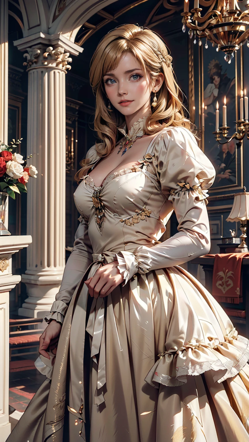 ((最high quality, 8k, masterpiece: 1.3, Ultra HD, high quality, 最high quality, High resolution, realism)) 、Marie Antoinette、Wearing Bourbon dress、blonde、Upstyle your hair、Inside the Palace of Versailles in France、Enjoy tea time in a luxurious room