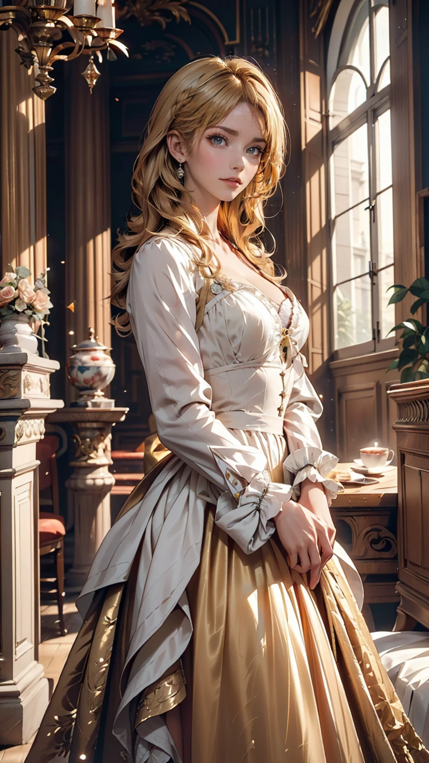 ((最high quality, 8k, masterpiece: 1.3, Ultra HD, high quality, 最high quality, High resolution, realism)) 、Marie Antoinette、Wearing Bourbon dress、blonde、Upstyle your hair、Inside the Palace of Versailles in France、Enjoy tea time in a luxurious room