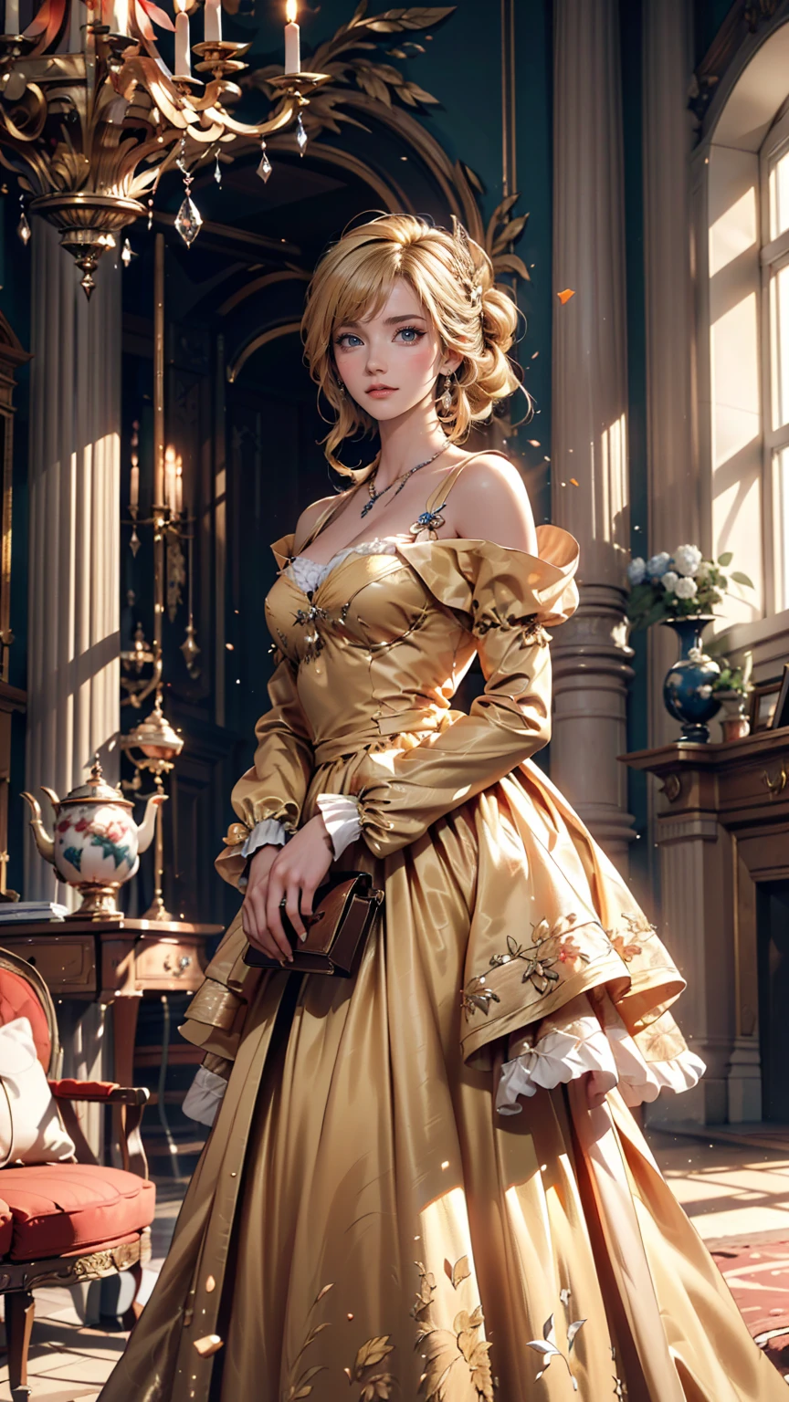 ((最high quality, 8k, masterpiece: 1.3, Ultra HD, high quality, 最high quality, High resolution, realism)) 、Marie Antoinette、Wearing Bourbon dress、blonde、Upstyle your hair、Inside the Palace of Versailles in France、Enjoy tea time in a luxurious room