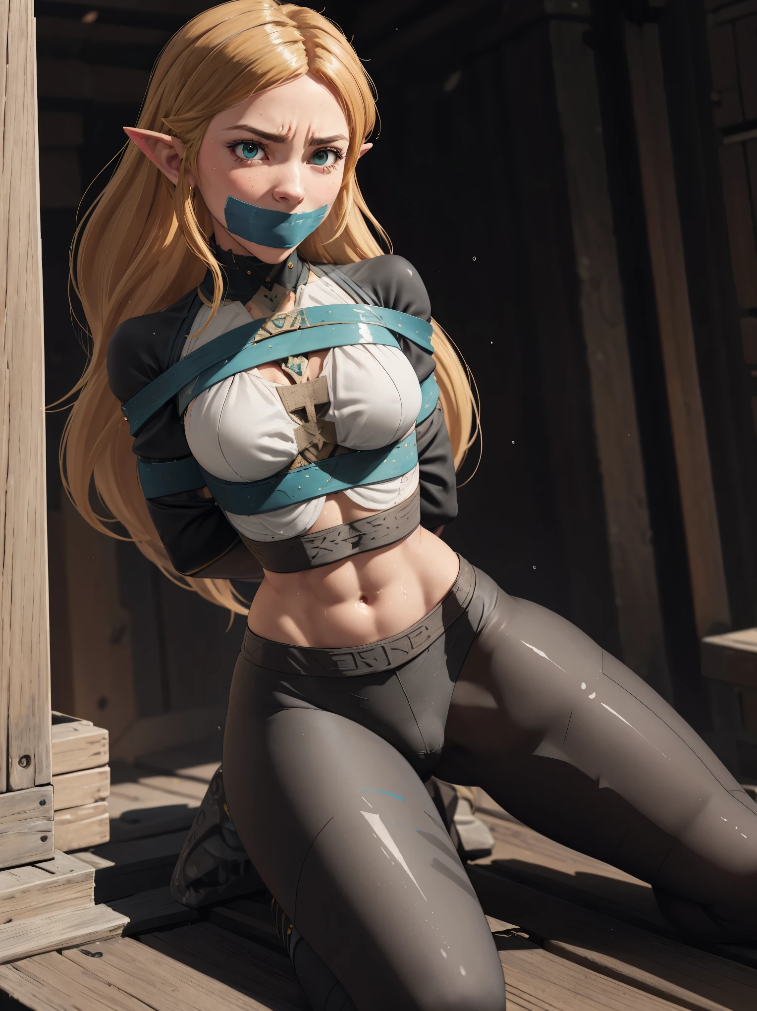 (whole body:1.5),beautiful detailed background, octane rendering, 8K, best quality, masterpiece, illustration, extremely delicate and beautiful, detailed,extremely detailed,CG,Unite,wallpaper,Astonishing, fine details, realistic art: 1.2 ,masterpiece, best quality, official art, extremely detailed CG Unite 8K wallpaper,1 girl, zelda, wearing plain transparent underwear,, on knees,hands tied behind back, mouth gagged, worried expression, green eyes, pretty symetrical face, oily wet skin, tanned skin, freckles, thin waist, narrow hips, tight apple ass, small breasts, Looking off to the side , Realistic photos, (hiqcgbody) ,perfect female figure, dark gothic rooftop background