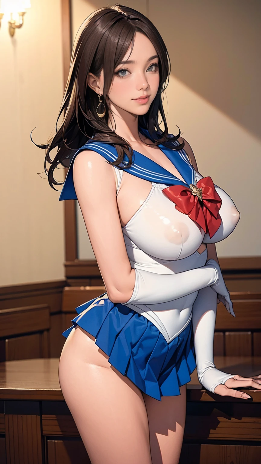 (highest quality, masterpiece:), ultra-high resolution, shoot from behind:1.5, looking back:1.5, night, in the pool bar, Korean photo model, young and beautiful gravure idol, 23 years old, tight, wearing a Sailor Moon Outfit, mini skirt, white panties, high leg, gigantic breasts, puffy nipple:1.4, skinny, bangs, long hair, light brown hair, forehead, unkempt hair, gorgeous earrings, beauty, victory smile, mature woman, please face forward and look at the camera,