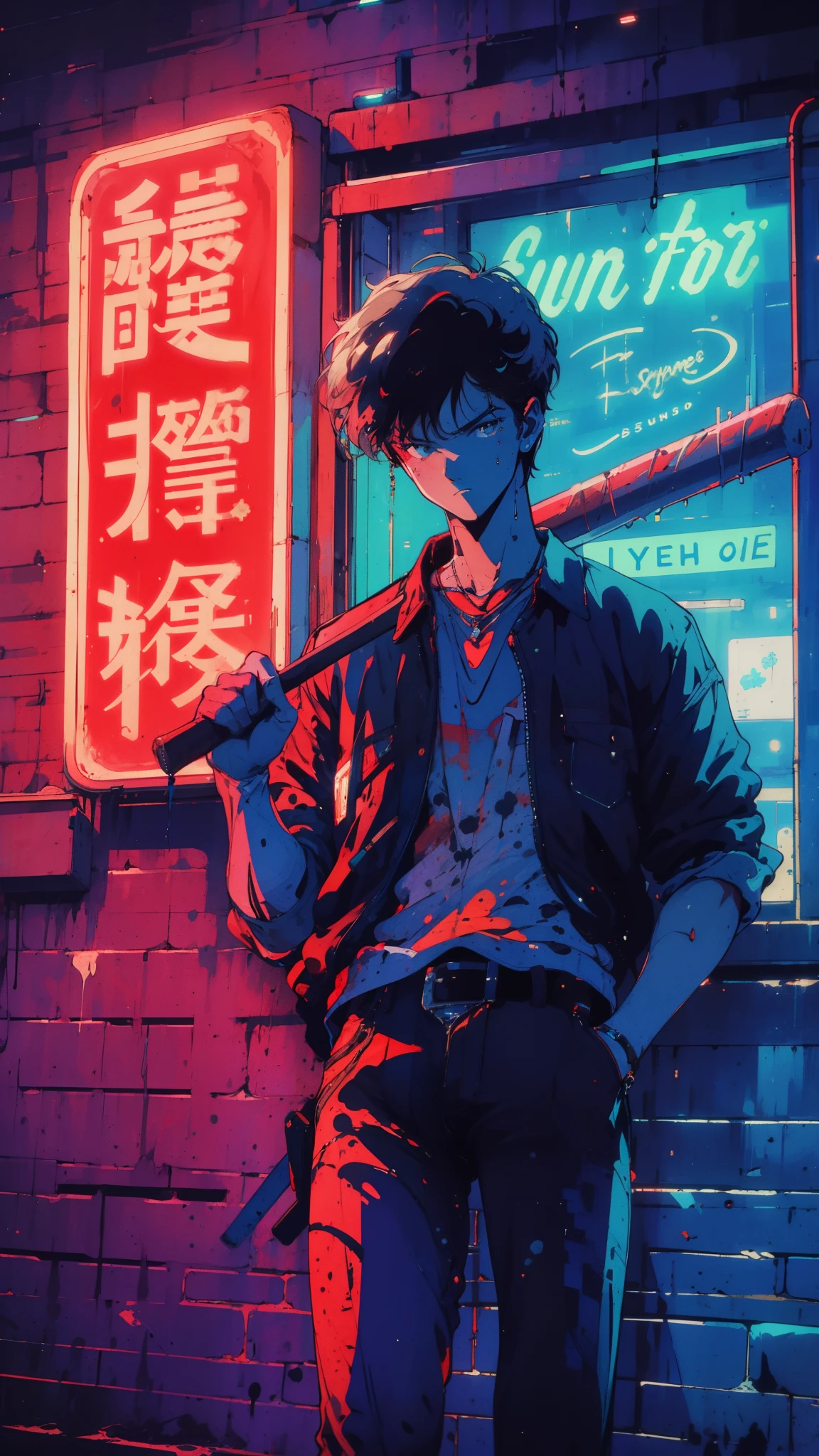 (high quality), (masterpiece), (detailed), 8K, Teenager with (baseball bat1.2) leans against (brick wall1.2) under vibrant (neon lights1.3) of (60s restaurant1.3), exuding (coolness1.2) and (defiance1.2). Classic sign flickers in night, highlighting (nostalgic atmosphere1.2)., fantasy world, dark background, clean design, epic, artstation, colorful paint splatter, silhouette, hyper detailed intricate details, unreal engine, fantasy, splash screen, complementary colors, deviantart masterpiece, oil painting, heavy strokes, paint dripping, indifferent expression