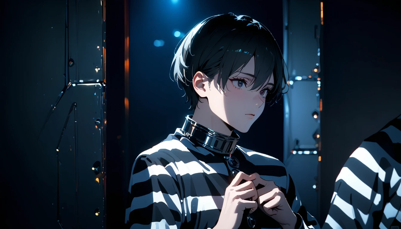 (8k, RAW photos, best quality, masterpiece: 1.4), (((Boy examining himself)))，Ultra-high resolution, Extremely detailed, Dim Lights, Upper body close-up, handsome boy, black eyes, (delicate eyes, Eyes are bright:1.2), Gray short hair, Fair skin,dark, Black and white striped prison uniform,Black and white striped prison pants,(perfect anatomy:1.2), High-quality shadows, Natural Lighting, (White highlights:1.2), night, cloudy day, (Dimly lit cells:1.2), (Metal walls all around:1.2)