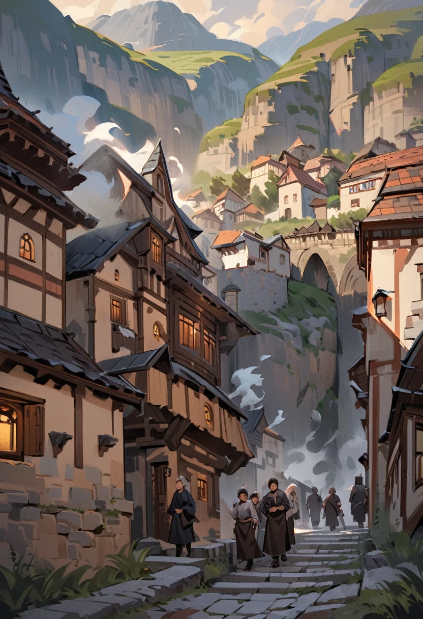 Landscape, an ancient European-style city in a valley, shorter houses, smoke from cooking, people coming and going in the streets, at the far end, under the cliffs is a stone castle, the Horn Castle, best quality, a very pitiful and beautiful picture, a masterpiece, cinematically lit, masterly, impasto