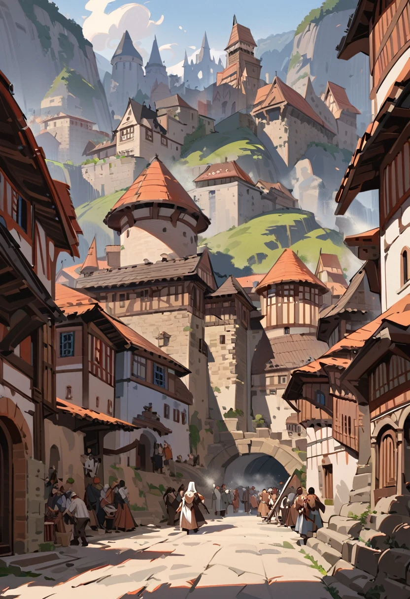Landscape, an ancient European-style city in a valley, shorter houses, smoke from cooking, people coming and going in the streets, at the far end, under the cliffs is a stone castle, the Horn Castle, best quality, a very pitiful and beautiful picture, a masterpiece, cinematically lit, masterly, impasto