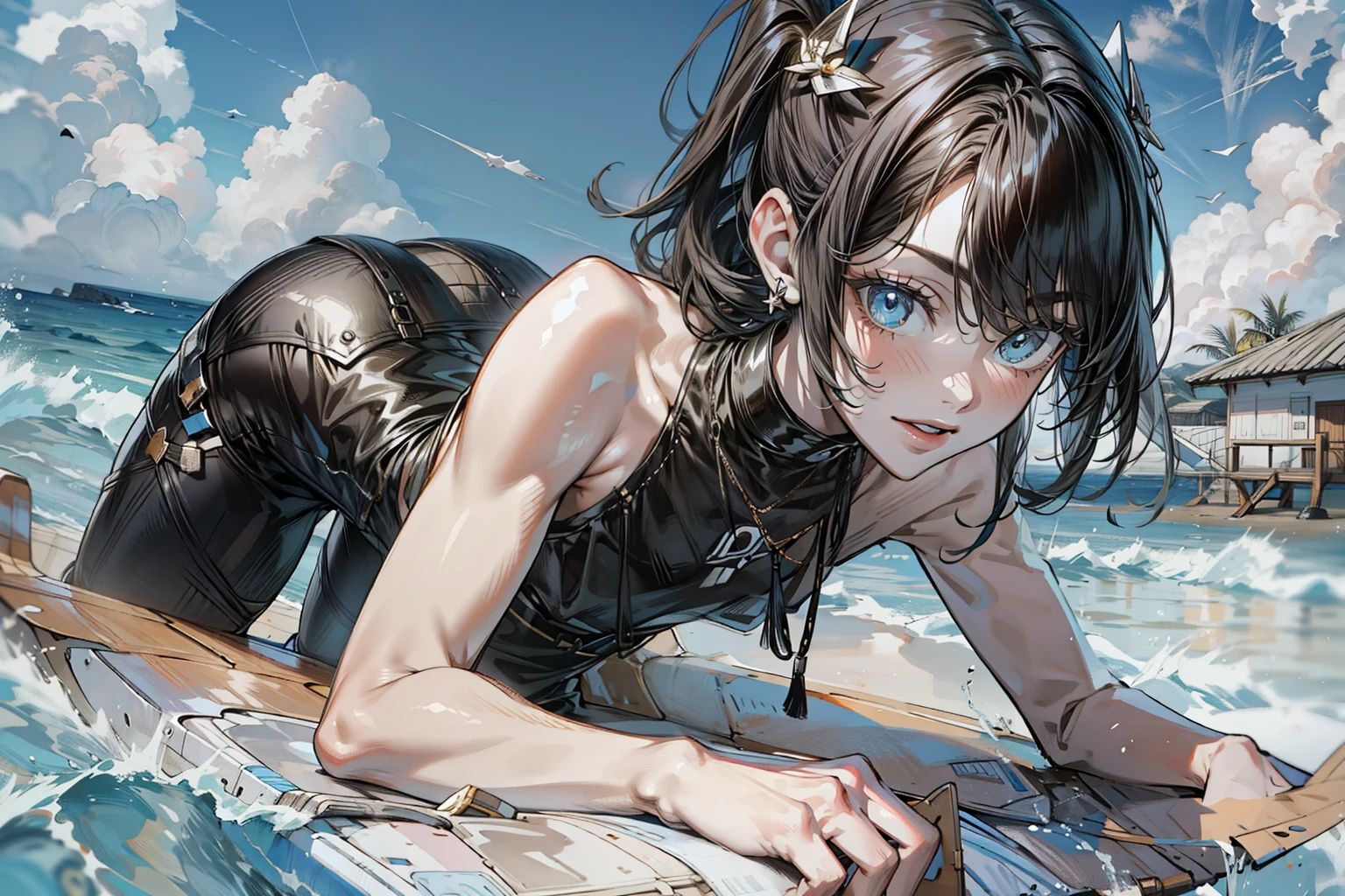 Shinkai Makoto, Shinkai MakotoMido, Beautiful sky, (girl surfing), ((best quality)), (Very detailed), (Beautiful eyes Beautiful details eyes, Clean and delicate face,  Aya Kono color style,  {{masterpiece}}, {{{best quality}}},{{Extremely detailed}}, {{illustration}},{{masterpiece}},{{{best quality}}},{{Extremely detailed}}, PhotoRealism,Realism,Reality,High Detail,Ultra-high quality,high resolution,Popular on artstation,HD,16K,Unreal Engine,rendered on octane,Corona Rendering,Tilt Shift,Bottom View,Rembrandt photo