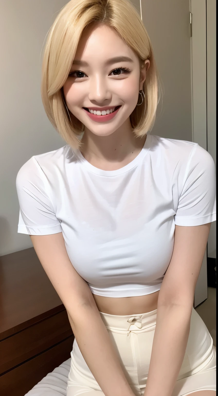 White tight shirt、White tight mini skirt、bed、smile、Short sleeve、high resolution、Korean idol face、double eyelid、White teeth、short hair、Blonde