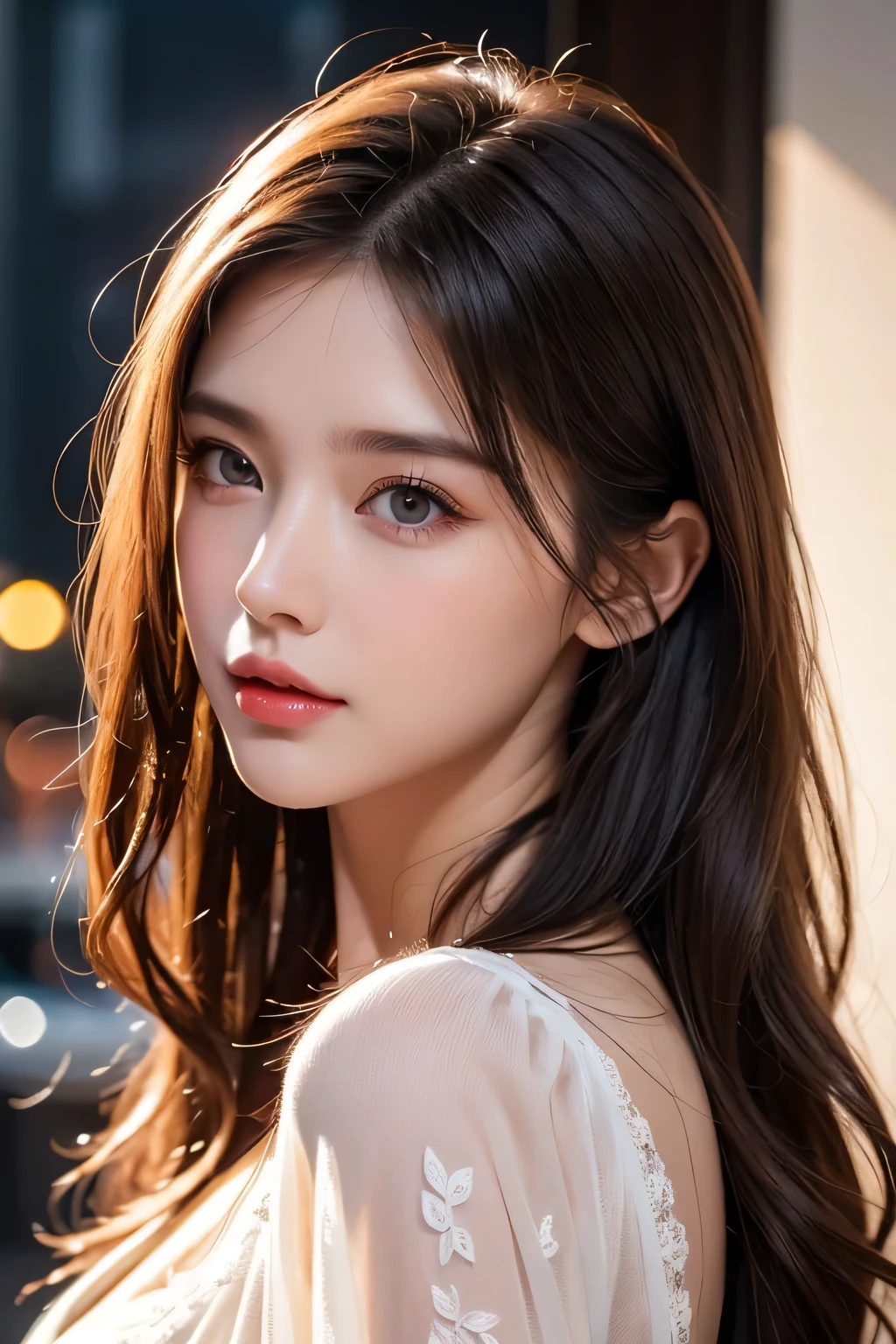 High-quality work,Realistic works,Super premium graphics,8K HD CG works,high quality graphics,High-definition and exquisite CG works,10x pixels,Ultra-fine details:1.1,Advanced technical details:1.1Realistic photo effects,Interior lighting effects:1.5,natural soft light:1.5. Light effect(Virtual light effects:1.8),ultra high resolution,shining dress,sliver long hair,silber hair,transparenthair,high detailed hair(Quality hair details:1.1)Clear eyes,Double eyelids look good,Sharp eye makeup, Create exquisite eyelash makeup, tthin eyebrows, Ultra-detailed eyes,a tall nose, lovely red lips, rosey cheeks, With delicate makeup on her face , pretty face, The face shape is perfectly proportioned,(Advanced facial details:1.1)Masterpiece, highest quality, realistic, very detailed. Subtleties High resolution 8k wallpaper beautiful woman. Wearing a dark blue see-through shirt. Great bar restaurant. At night. Light brown messy hair. The perfect dynamic composition of beautiful and beautiful eyes gradually in 25 year old woman has a long light brown hairstyle with slight bangs.,Dress up and have a unique style. ,Light brown eyes and beautiful They are cute and fun playmates.,Wear glasses with a beautiful and modern design.,Beautiful, healthy, white-pink skin.,small mouth. Women's artwork,Dress full body video,Realism,Amazing Cleavage,My eyes are very bright today