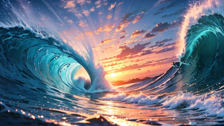 Masterpiece, best quality, ultra detailed,8k,WQHD,4k wallpaper, Makoto Shinkai, surfing,