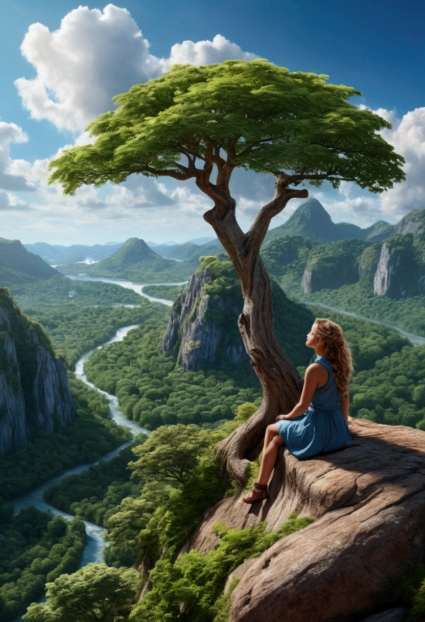 a beautiful mountain with a huge tree on top, a wide plank on top, and a beautiful young woman admiring the landscape, (best quality,4k,8k,highres,masterpiece:1.2),ultra-detailed,(realistic,photorealistic,photo-realistic:1.37),hyperrealistic, landscape, vibrant colors, dramatic lighting, nature, adventure, serene, cinematic, depth of field, beautiful sky, fluffy clouds, lush greenery, detailed foliage, rocky terrain, stunning vista, peaceful atmosphere