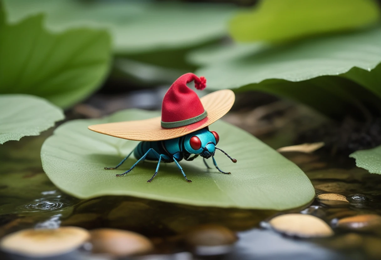 A tiny insect wearing a tiny hat, surfing on a leaf in a stream, in a cartoonish style, with a adventurous look.