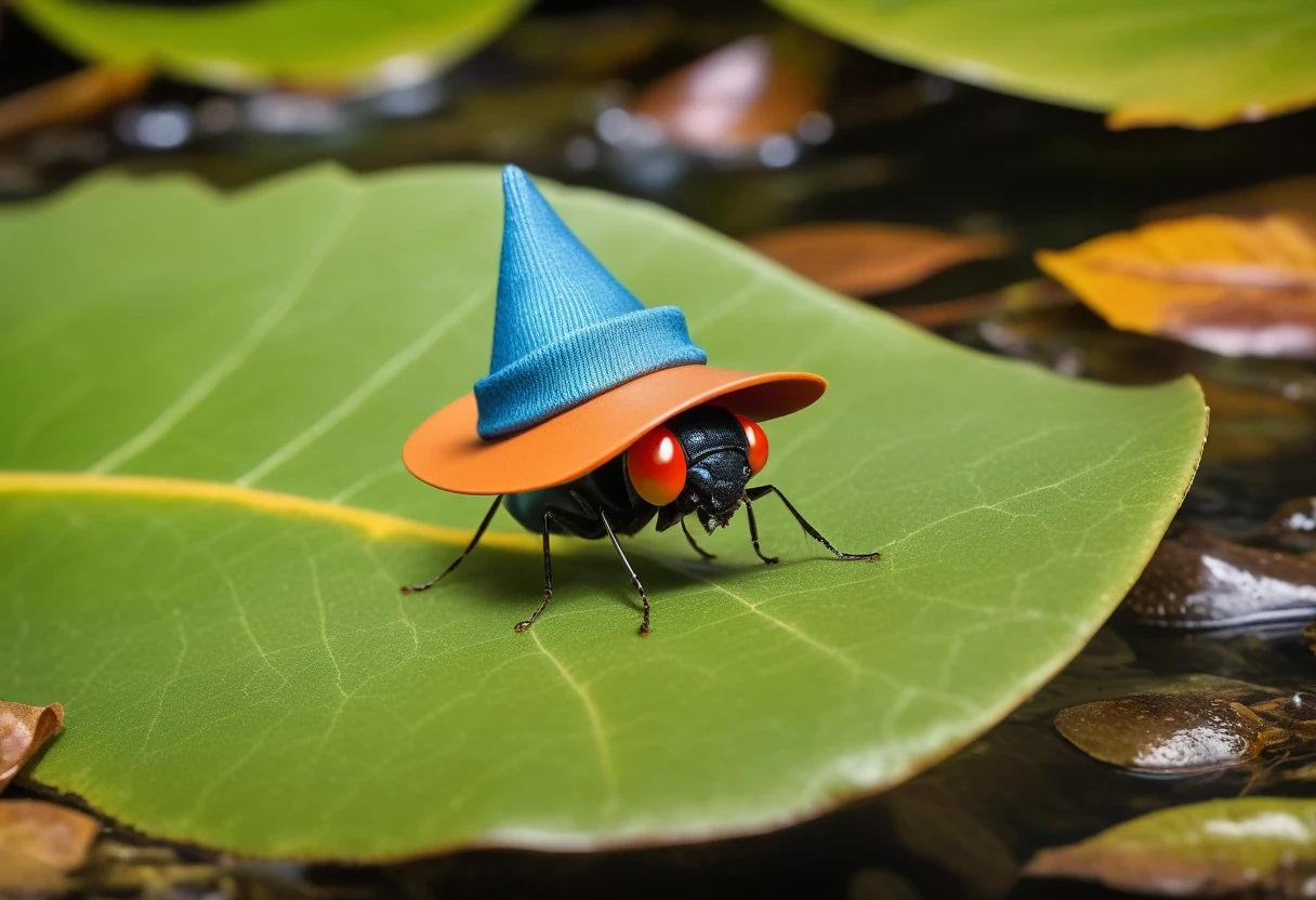 A tiny insect wearing a tiny hat, surfing on a leaf in a stream, in a cartoonish style, with a adventurous look.