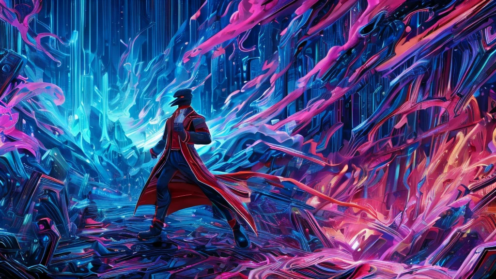 masterpiece,epic,corvid, smiling in a sadistic and disturbing way, priest's suit with red stripes, red vest under the trench coat, round red glasses, background of vapor waves.