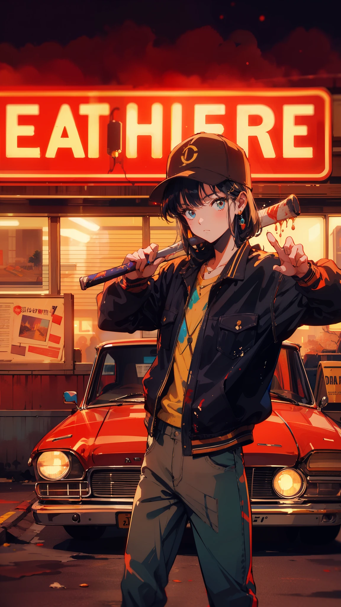 (high quality), (masterpiece), (detailed), 8K, Teenager strikes pose with (baseball bat1.2) beside (vintage '60s diner1.3), illuminated by glowing neon sign reading "Eat Here1.2." Retro ambiance, neon lights casting warm, nostalgic glow on (teenager's confident expression1.3). fantasy world, dark background, clean design, epic, artstation, colorful paint splatter, silhouette, hyper detailed intricate details, unreal engine, fantasy, splash screen, complementary colors, deviantart masterpiece, oil painting, heavy strokes, paint dripping, indifferent expression