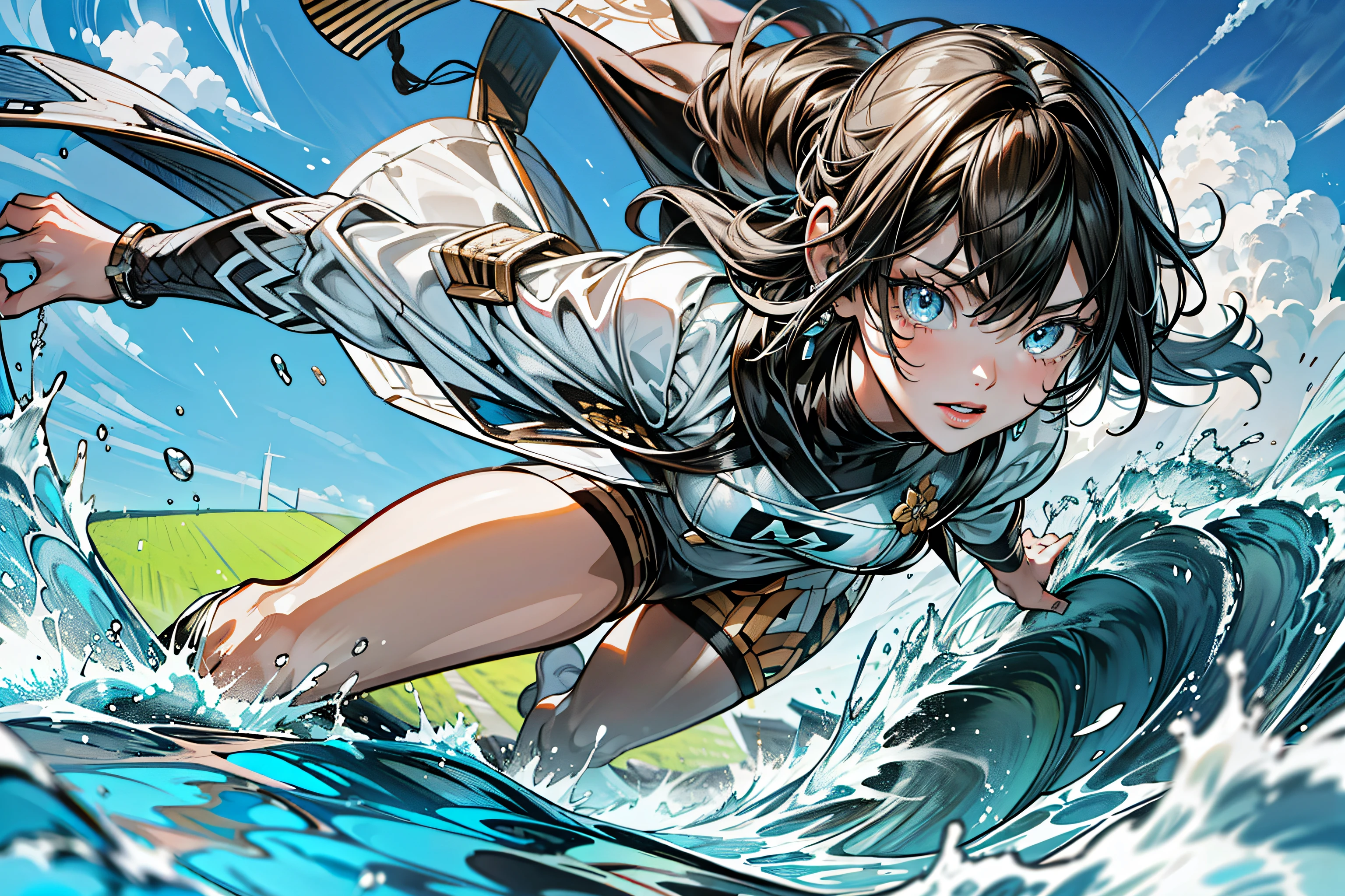 Shinkai Makoto, Shinkai MakotoMido, Beautiful sky, (girl surfing), ((best quality)), (Very detailed), (Beautiful eyes Beautiful details eyes, Clean and delicate face,  Aya Kono color style,  {{masterpiece}}, {{{best quality}}},{{Extremely detailed}}, {{illustration}},{{masterpiece}},{{{best quality}}},{{Extremely detailed}}, PhotoRealism,Realism,Reality,High Detail,Ultra-high quality,high resolution,Popular on artstation,HD,16K,Unreal Engine,rendered on octane,Corona Rendering,Tilt Shift,Bottom View,Rembrandt photo