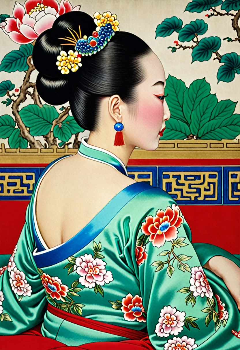 A close-up side view of the buttocks of a Chinese empress. In the background, she is lying down in a Chinese palace during the Qing dynasty, with only her large buttocks sticking out.　　　She&#39;s wearing underwear, but her protruding butt is floating up.　　　　　　　　　　　　　　　　　　　　　　　　　　　　　　
Her hair is decorated with a large, flashy flower.　
The back of the hair is tied up and up.　Erotic Woman