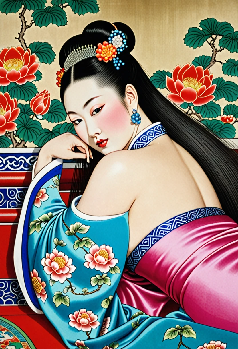 A close-up side view of the buttocks of a Chinese empress. In the background, she is lying down in a Chinese palace during the Qing dynasty, with only her large buttocks sticking out.　　　She&#39;s wearing underwear, but her protruding butt is floating up.　　　　　　　　　　　　　　　　　　　　　　　　　　　　　　
Her hair is decorated with a large, flashy flower.　
The back of the hair is tied up and up.　Erotic Woman