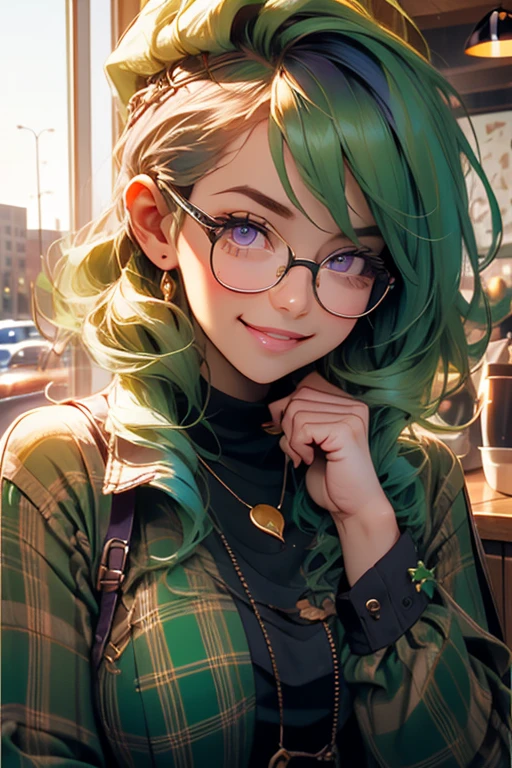 Perfect face. Perfect hands. A green haired woman with violet eyes and glasses with an hourglass figure in a plaid dress is drinking coffee in a coffee shop with a big smile