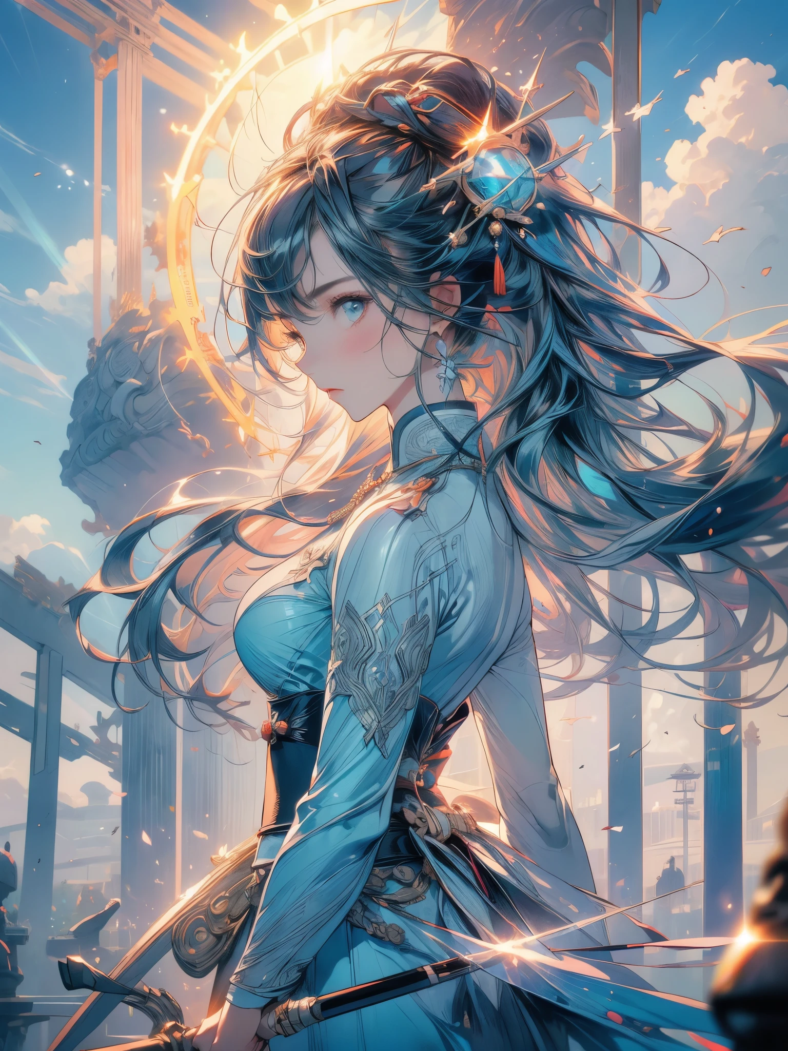 best qualityer,work of art,ultra high resolution,(photorrealistic:1.4),xiuxian,missiles,face detailed,, 1 girl,standing alone,missiles,neckleace,(magic circle:1.2),xiuxian, fully body, beautiful girl, whole body, East Asian Architecture, scabbard, Nature architecture around you, watching the sunset on the horizon, (((extremely blue cyan sky, splendid clouds, beams of sun rays in twilight tone)))