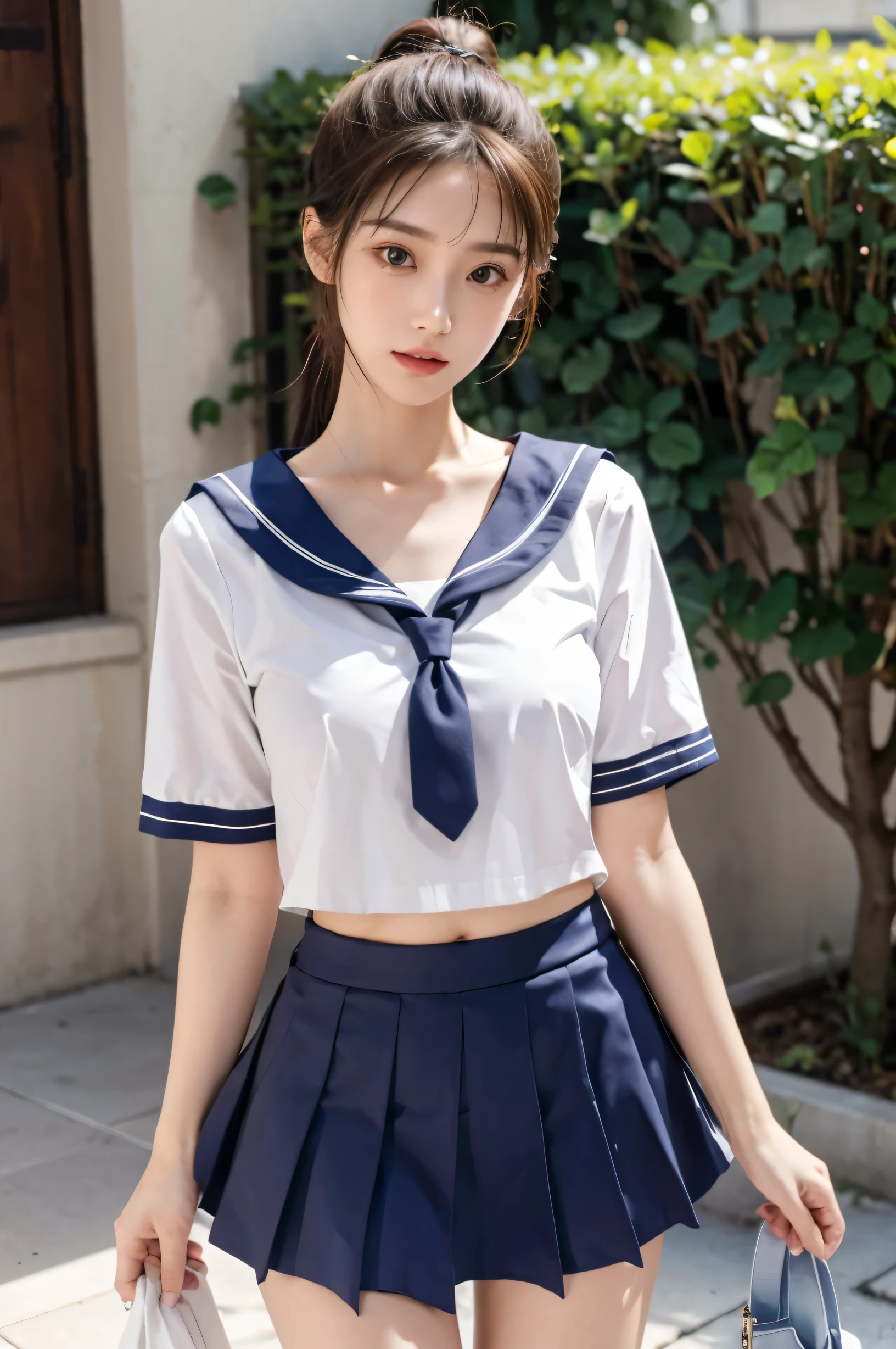 (Ultra HD), (Sailor suit, Navy blue mini skirt), Big Breasts, slender, Narrow waist, whole body, Standing posture, (Clean and shiny skin, Whitening, No makeup), (Super slim face, Super beautiful face), (Light Brown Ponytail, Layered Cut, Fluffy hair), (double eyelid, Slanted Eyes), Small Nose, Thin lips, Thin legs, school gate