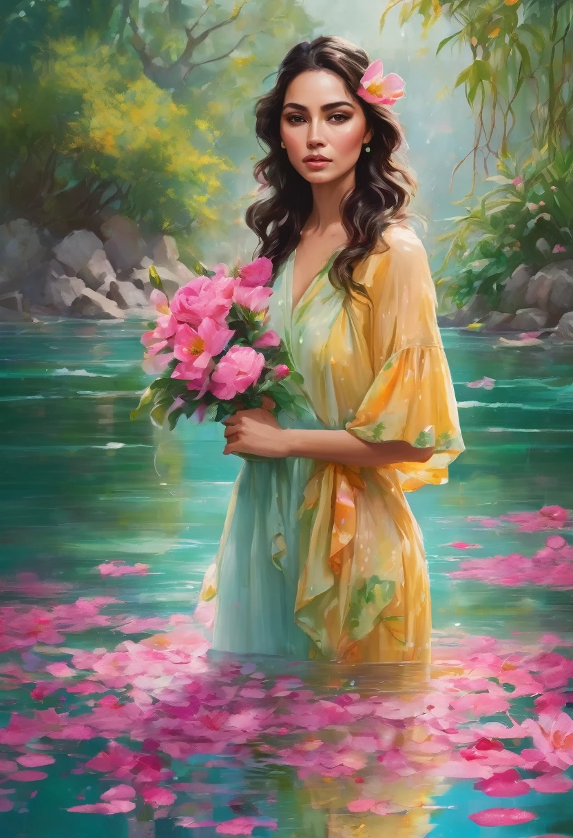 Detailed description of the visual element,The color palette is a mix of soft pastels and vibrant spring colors like green.,pink color,This combination evokes blooming flowers and fresh foliage.,Perfect for spring theme,High-quality images integrated into salon interiors,Peaceful environment,Mexican woman standing on the water,Water splashes on the floor of the girl,Some stones have flowers on them,exudes fragrance,Includes before and after photos of customers who received spring makeovers,To highlight the salon's services,Use elegant script fonts for titles to convey elegance,And use a modern sans serif font for body text,To ensure readability and modernity, Black Curly Hair,Wearing a bright red salwar suit,focus,Close Range,Watch,Close your eyes,Surround her with spring graphics,For example, flowers and butterflies,Symbolizes the changing seasons and the essence