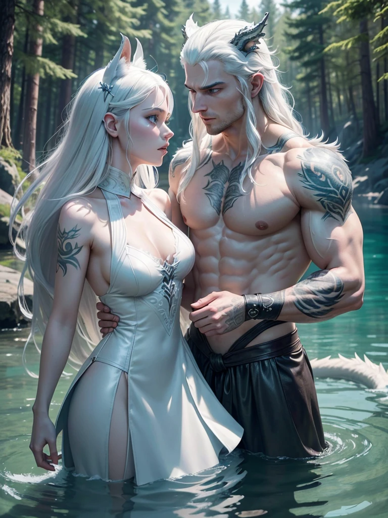 Here are the Stable Diffusion prompts for the two scenes you described:

a man with pale skin, white hair, red eyes, with characteristics of a white werewolf, wearing leather armor with grey wolf fur, muscular with tattoos on his torso, a white wolf tail and white wolf ears

a female water dragon with blue eyes, pale skin, aquatic ears, a sea dragon tail, wearing a light blue bordered dress, aquatic dragon horns, kissing the man, with a lake and pine forest in the background

(best quality, 4k, 8k, highres, masterpiece:1.2), ultra-detailed, (realistic, photorealistic, photo-realistic:1.37), detailed face, beautiful detailed eyes, beautiful detailed lips, extremely detailed eyes and face, long eyelashes, muscular male, white wolf ears, white wolf tail, leather armor, grey wolf fur, tattoos, water dragon, blue eyes, aquatic ears, sea dragon tail, light blue dress, aquatic dragon horns, couple kissing, lake, pine forest