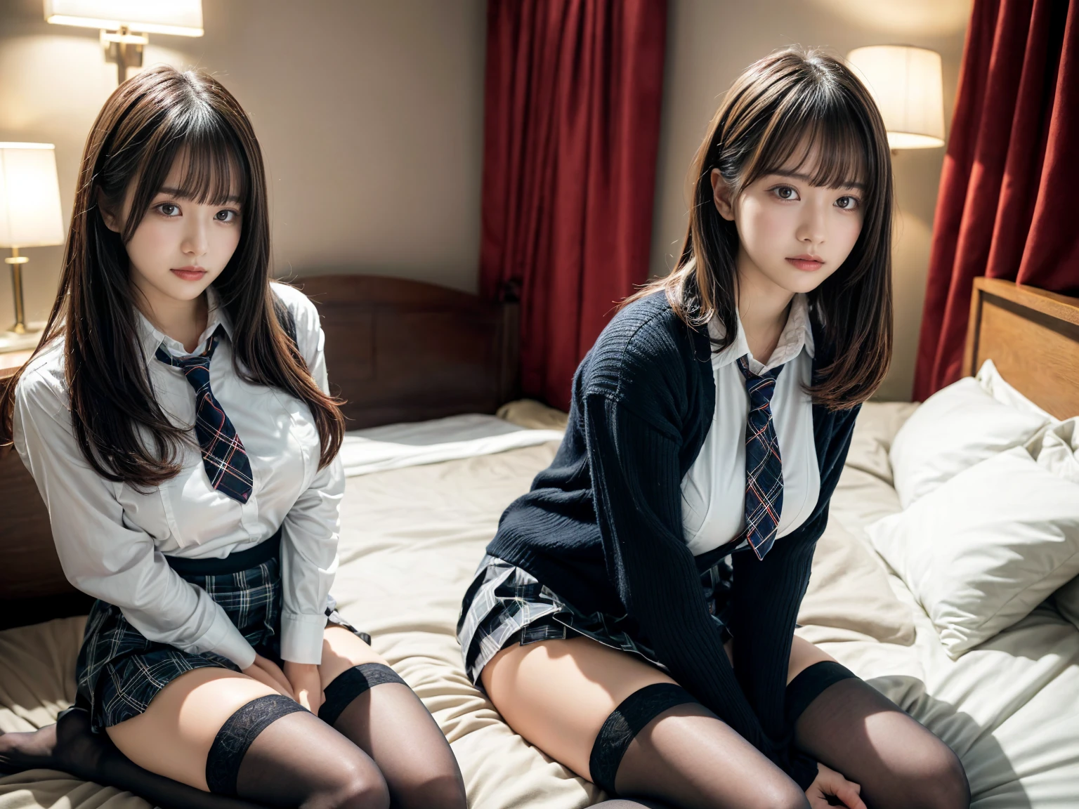 masterpiece, best quality, illustration, Super detailed, fine details, High resolution, 8K,wall paper, perfect dynamic composition,(Details High quality, realistic depiction of eyes:1.3), (3 girls), (white school shirt :1.2), (plaid skirt :1.3), tie black, black thigh-high stockings, sitting, open legs, short bob hair, in a hotel room in the background, deep on field, large breasts, black hair color, Big Natural Color Lip, (perfect body shape), crying a little、Harajuku style、20 year old girl、cute type、beautiful legs, Gravure Idol