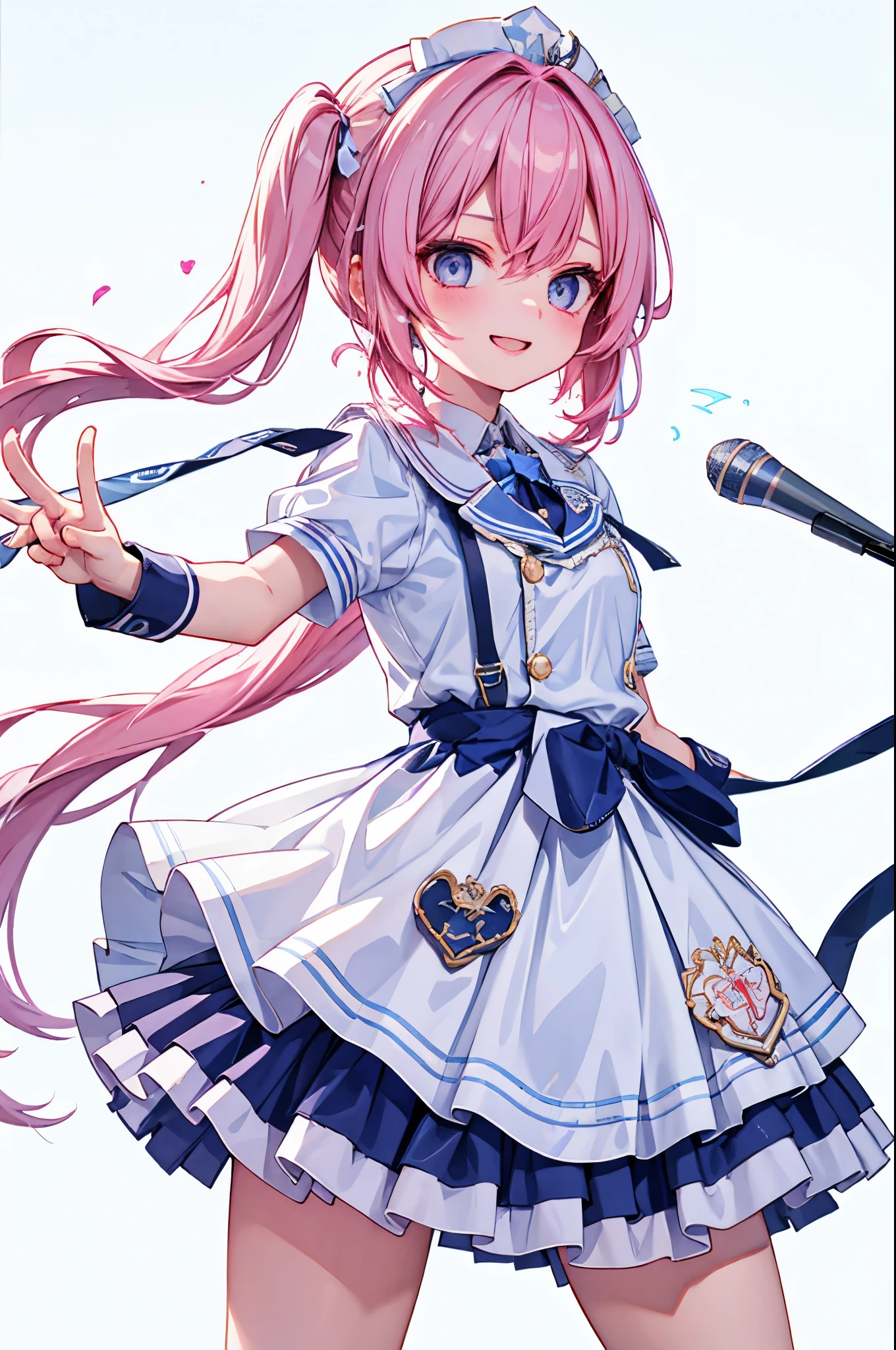 high resolution,smile,woman,woman1人,adult,cute,Hold the microphone, Pink Hair,BREAK, Light blue eyes,BREAK,Idol Uniform,BREAK,Facing forward,BREAK,Light blue background,