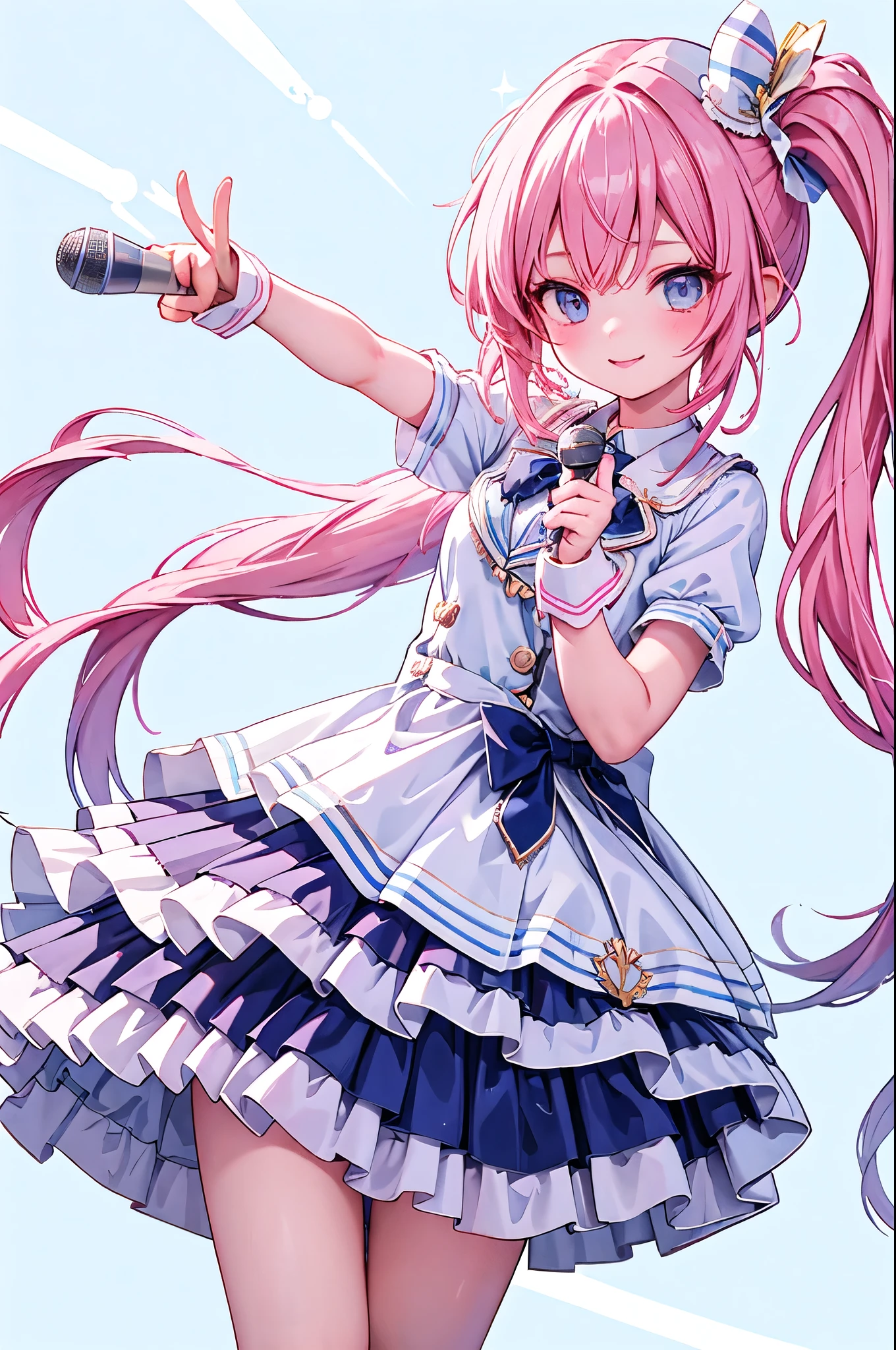 high resolution,smile,woman,woman1人,adult,cute,Hold the microphone, Pink Hair,BREAK, Light blue eyes,BREAK,Idol Uniform,BREAK,Facing forward,BREAK,Light blue background,