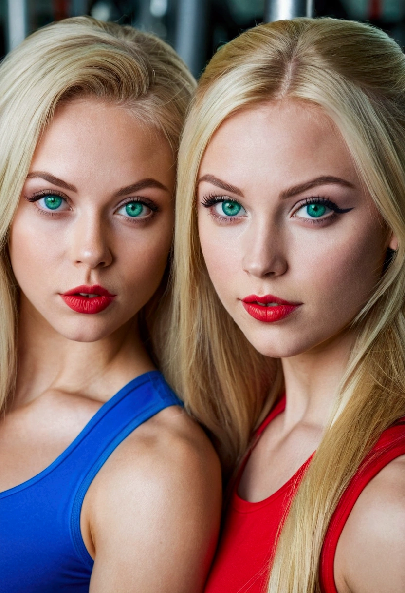 Two beautiful girls, one blonde with intense blue eyes , and one with long hair, emerald green eyes, red mouth , training at the gym