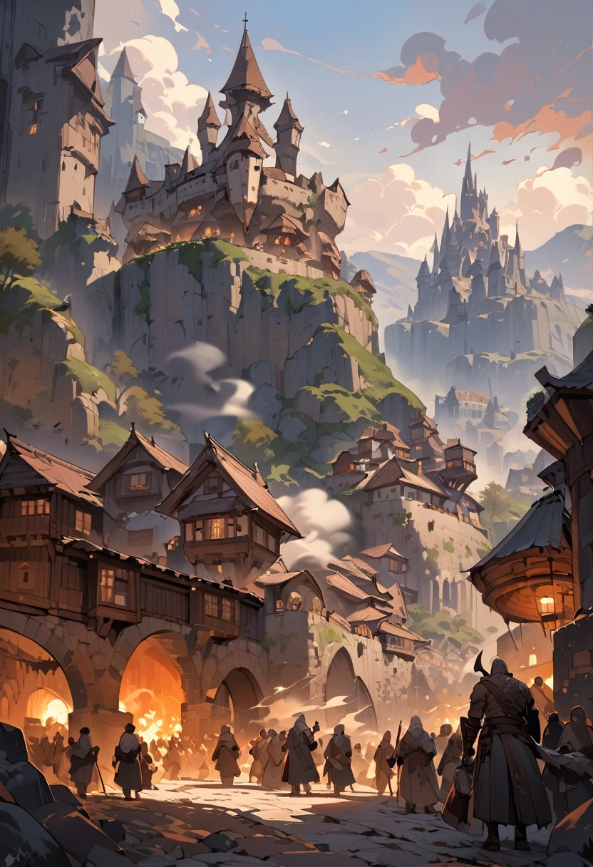 Landscape, distant view of an ancient European-style city in a huge valley, shorter houses, smoke from cooking, people coming and going in the streets, at the far end, under the cliffs is a stone castle, the Horn Castle, best quality, a very pitiful and beautiful picture, a masterpiece, cinematically lit, masterly, impasto