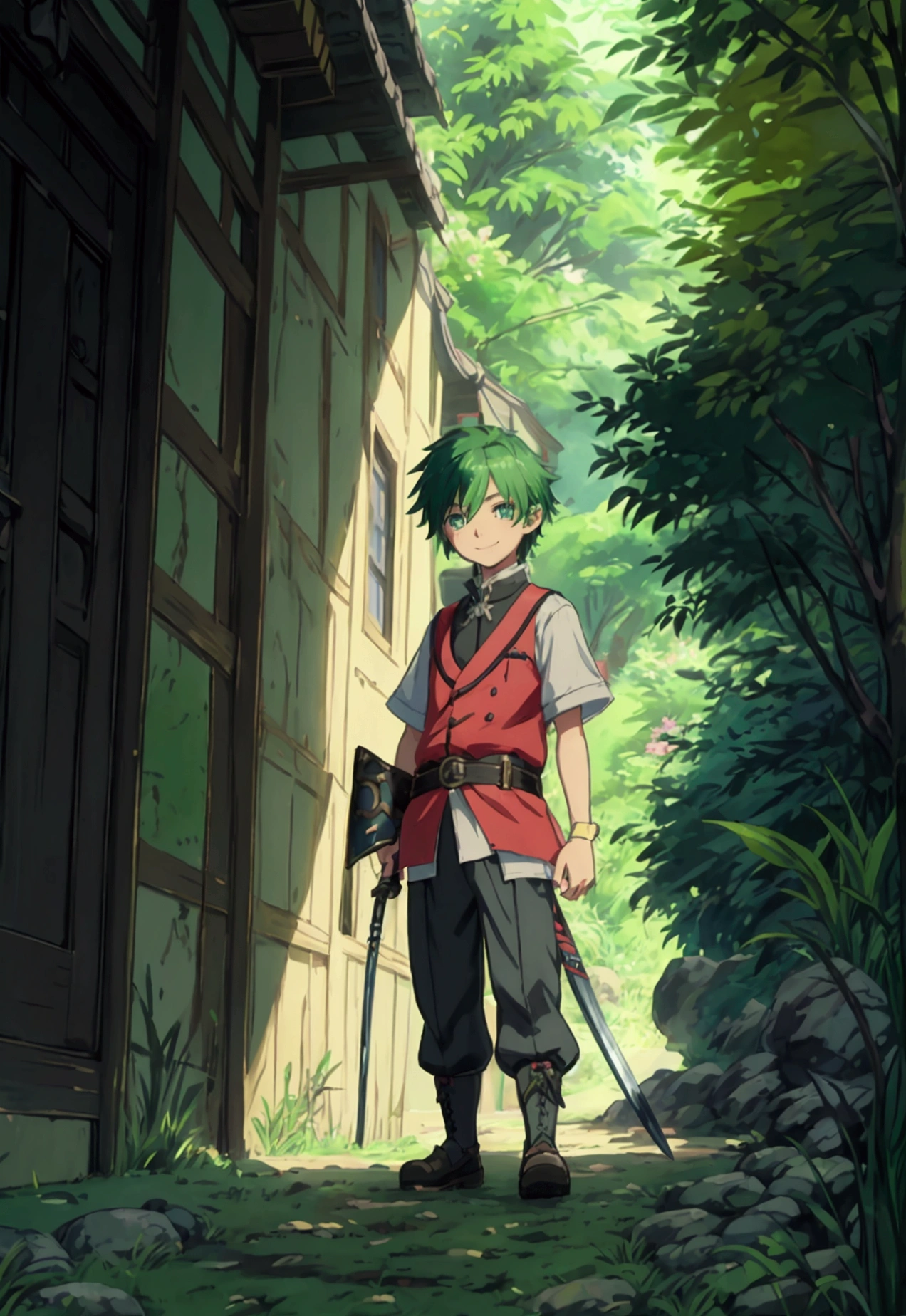 Anime Styled Little Boy: With a radiant smile gracing his face, this 4k, masterpiece-quality anime character is a green-haired, boyish charm. A lone strand of hair frames his left eye, his azure eyes shining with excitement. Dressed in his Monster Hunter armor, he proudly wields a large Nargacuga sword in one hand and holds a shield in the other. Immersed in the lush, forested backdrop. (de anime, 4k de calidad), personaje niño de cabello corto verde, ojos azules, sonrisa radiante, equipado con el traje nargakua.