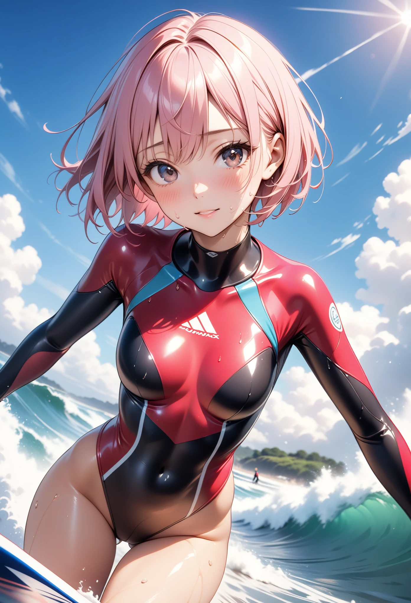 (Surfing woman), (((wetsuit))), ((Shiny Costumes)), skindentation, skinny, solo, 1 woman, Masterpiece, highest quality, highest quality, 16K, incredibly absurd, highly detailed, 2.5D, ai-generated, delicate and dynamic, very delicate facial expressions, delicate eye depiction, erotic, only sexy woman, ((A cute and kind face)), healthy figure, ((25-year-old woman)), 160cm tall, medium firm swaying bust, (short hair), (pink hair:1.5), bob cut, black eye, , blush, Sweat,Embarrassed,sexy, ((thin thighs)), (camel toe:0.7), (visible nipples:0.3), (Erect nipples,:0.7), shiny and lustrous, facing straight at viewer, (((in heat))), ((Oily_skin)), ((Lots of sweat)), (((Brown Skin))), ((dutch angle)), ((erotic pose)), (((Surfing in the midsummer sea))),