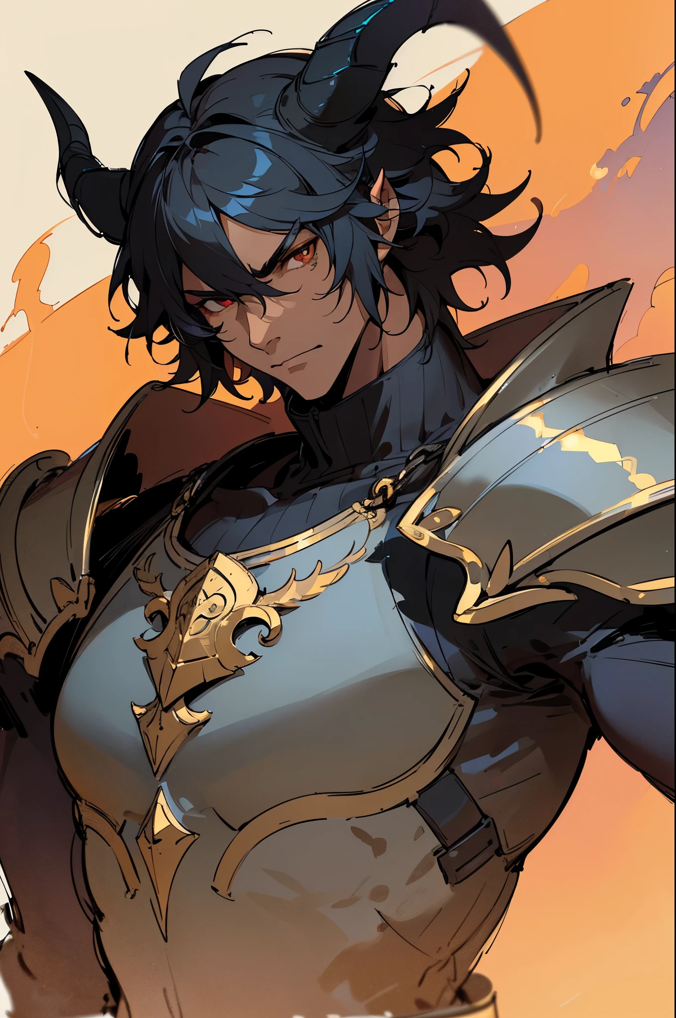 ((black hair)), ((front horns)), ((black au ra)), ((black scales on skin)), (((dark skin))), (knight (final fantasy), ((serious expression)), ((armor)), ((fantasy)), ((muscular build)), (((complementary colors))), ((mature male)), 1boy, beautifully drawn, high resolution illustration, best quality, High definition, ((detailed anime sketch)), Masterpiece, (solo), absurdres, portrait, ((upper body)), ((wild hair)), detailed background, fine detail, male focus, HDR, ((short hair)),upper body