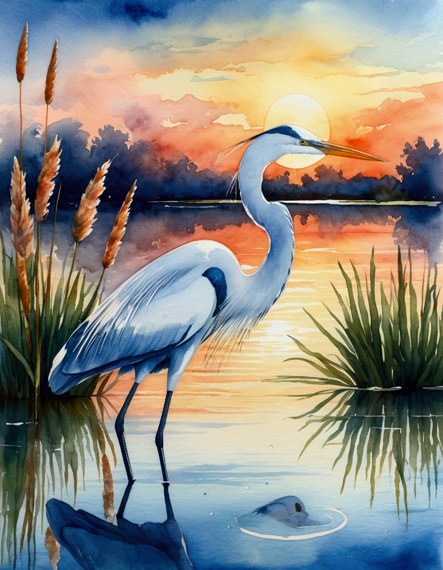 (best quality,watercolor effect:1.2),A egret,watercolor painting of a Great blue herons standing on a lake water with a blue and cloudy sky as a background，Sunset，egret, reeds, aquatic plants