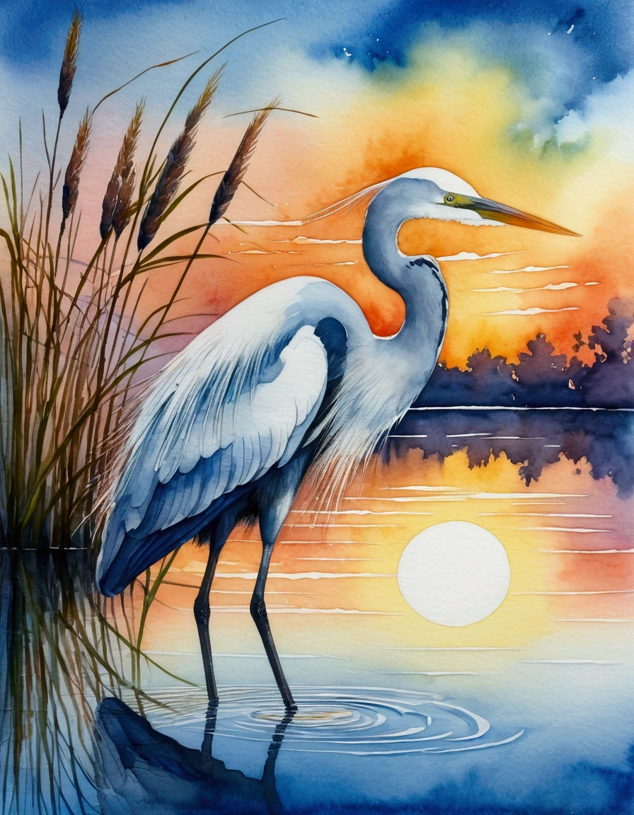 (best quality,watercolor effect:1.2),A egret,watercolor painting of a Great blue herons standing on a lake water with a blue and cloudy sky as a background，Sunset，egret, reeds, aquatic plants
